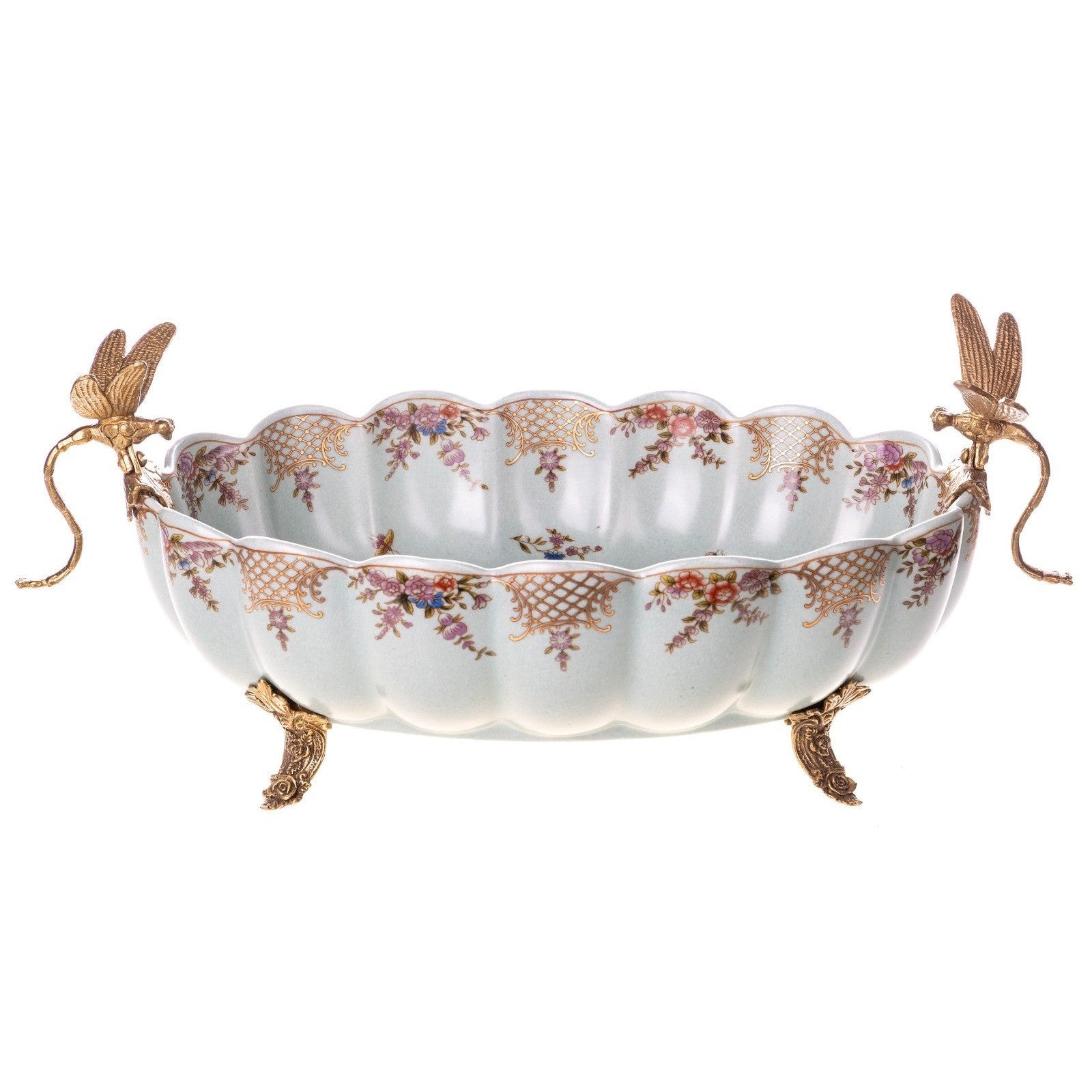 Porcelain Centerpiece Bowl with Gilded Insect Handles and Floral