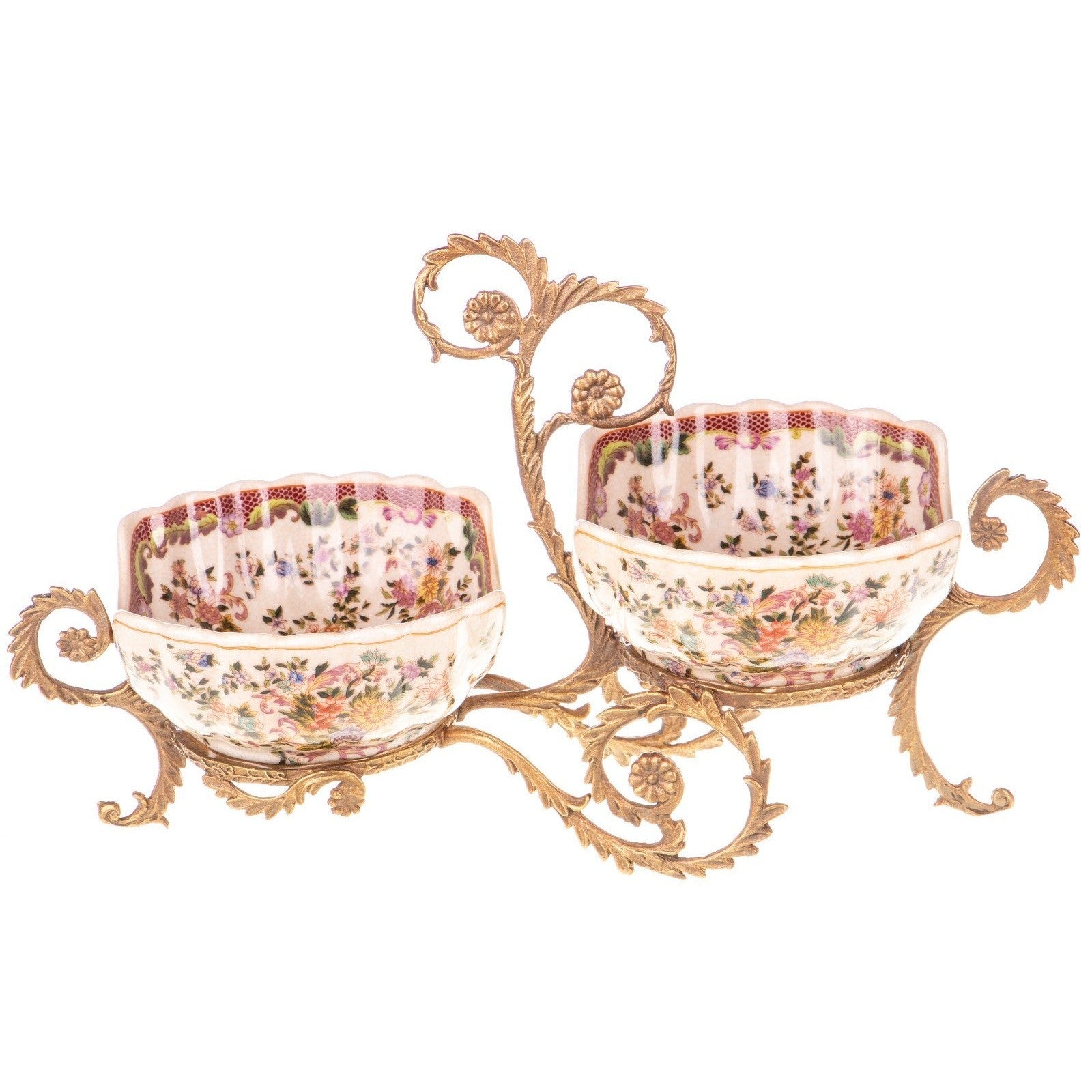 Porcelain Double Bowl with Ornate Floral Gilded Frame | Vases & Bowls