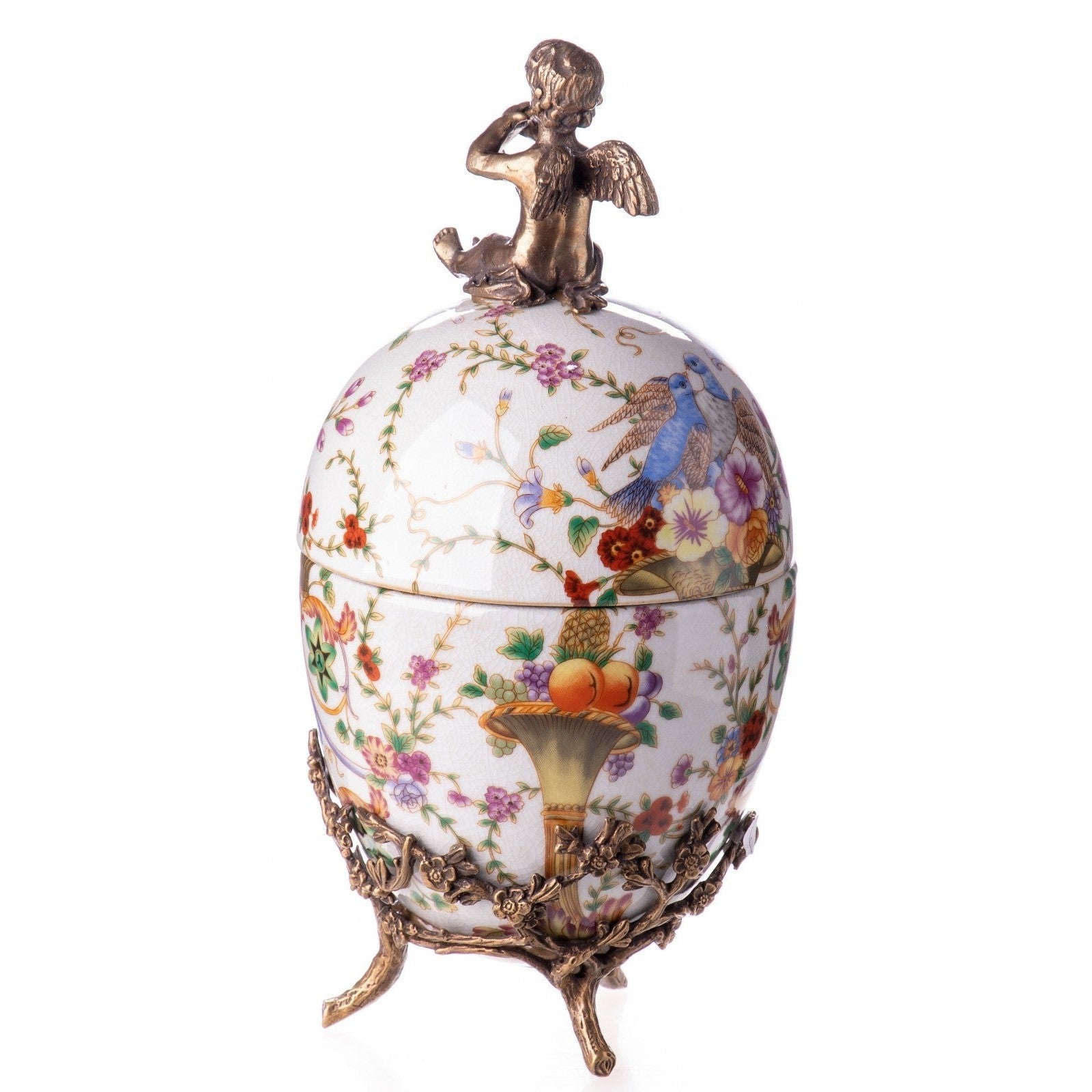 Porcelain Egg-Shaped Box with Bronze Cherub and Floral Motif
