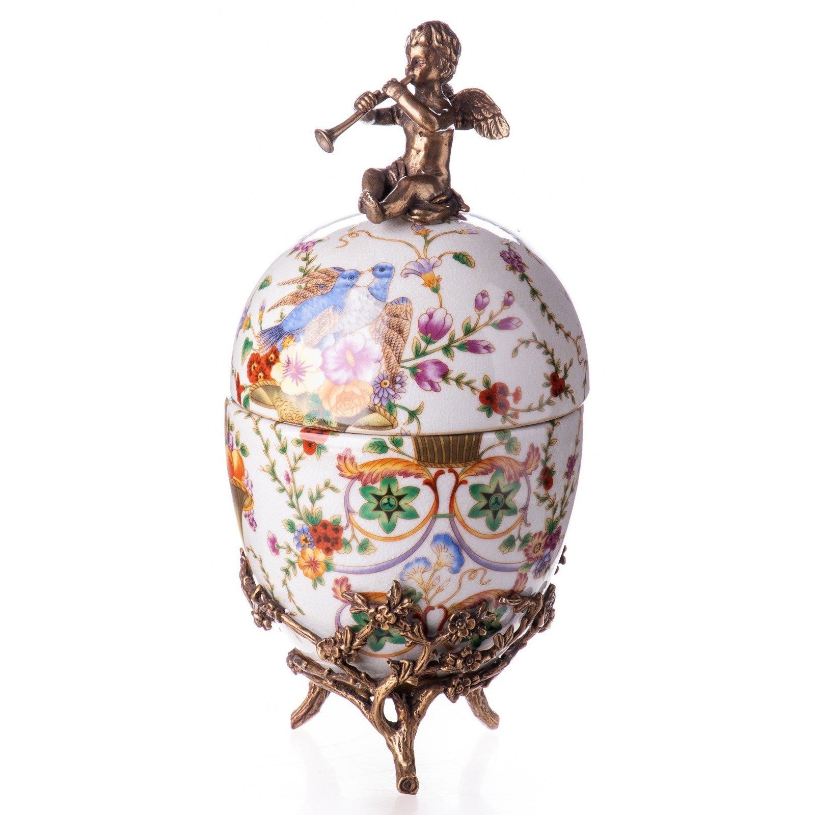 Porcelain Egg-Shaped Box with Bronze Cherub and Floral Motif