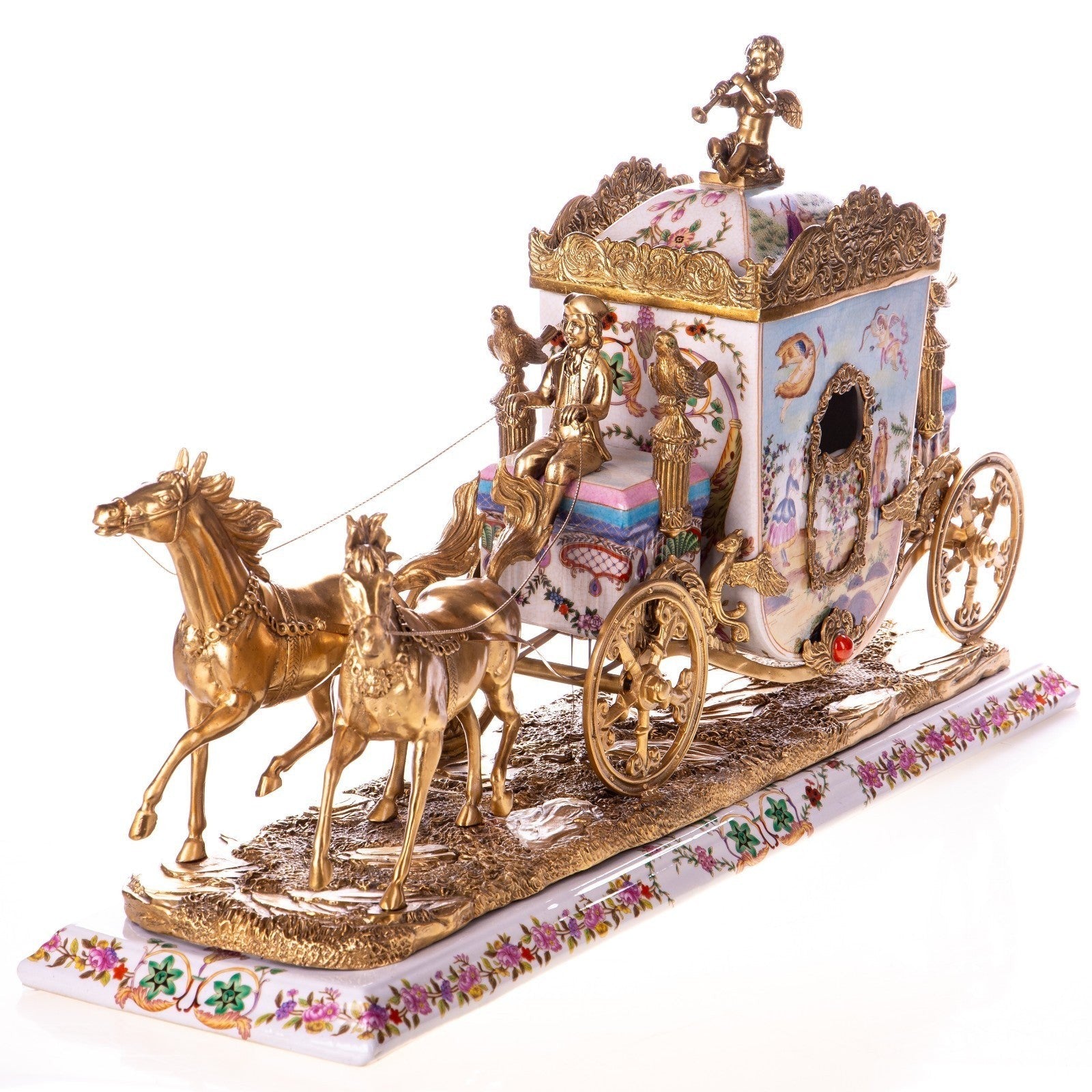 Porcelain & Gilt Bronze Horse-Drawn Carriage Sculpture, Animal Sculptu