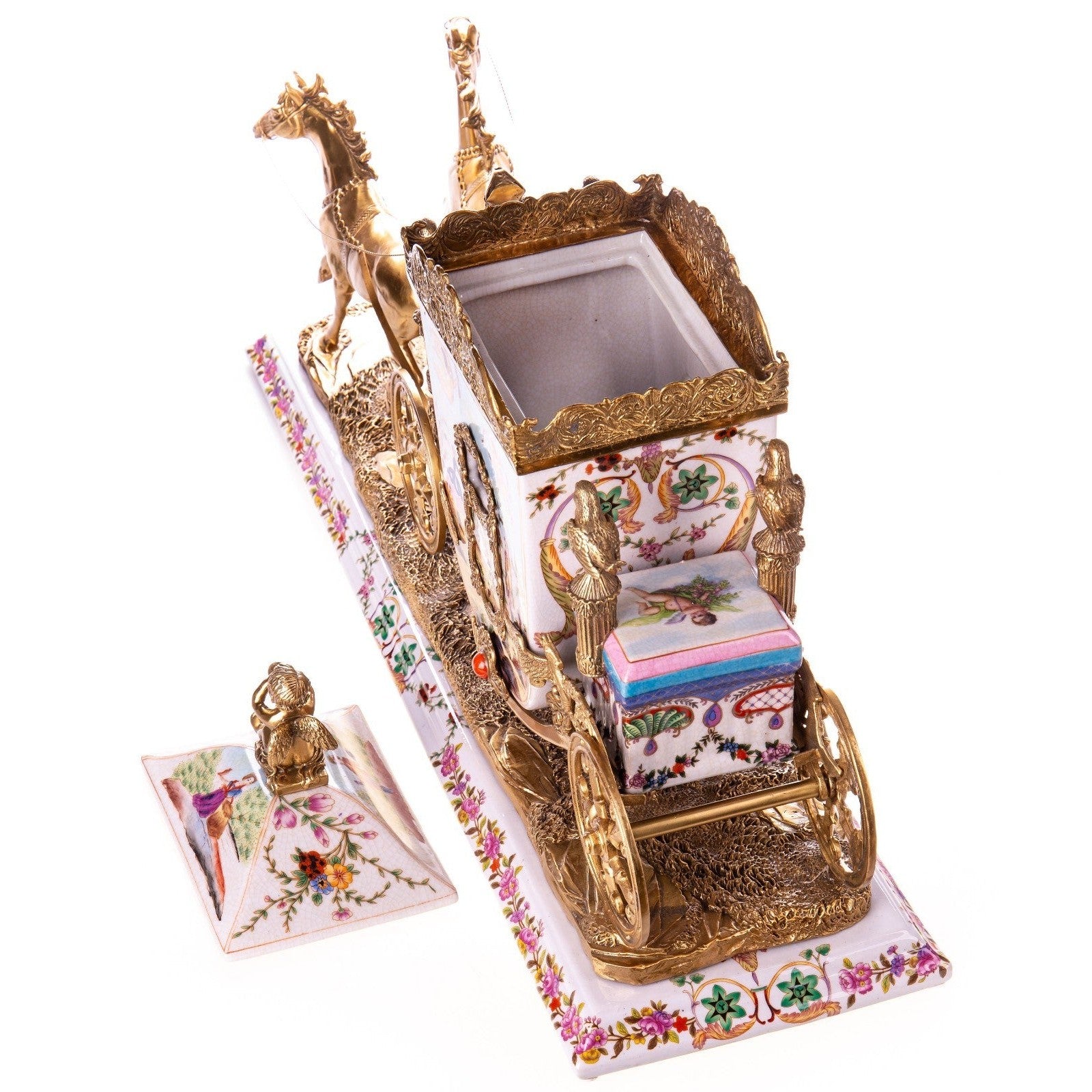 Porcelain & Gilt Bronze Horse-Drawn Carriage Sculpture, Animal Sculptu