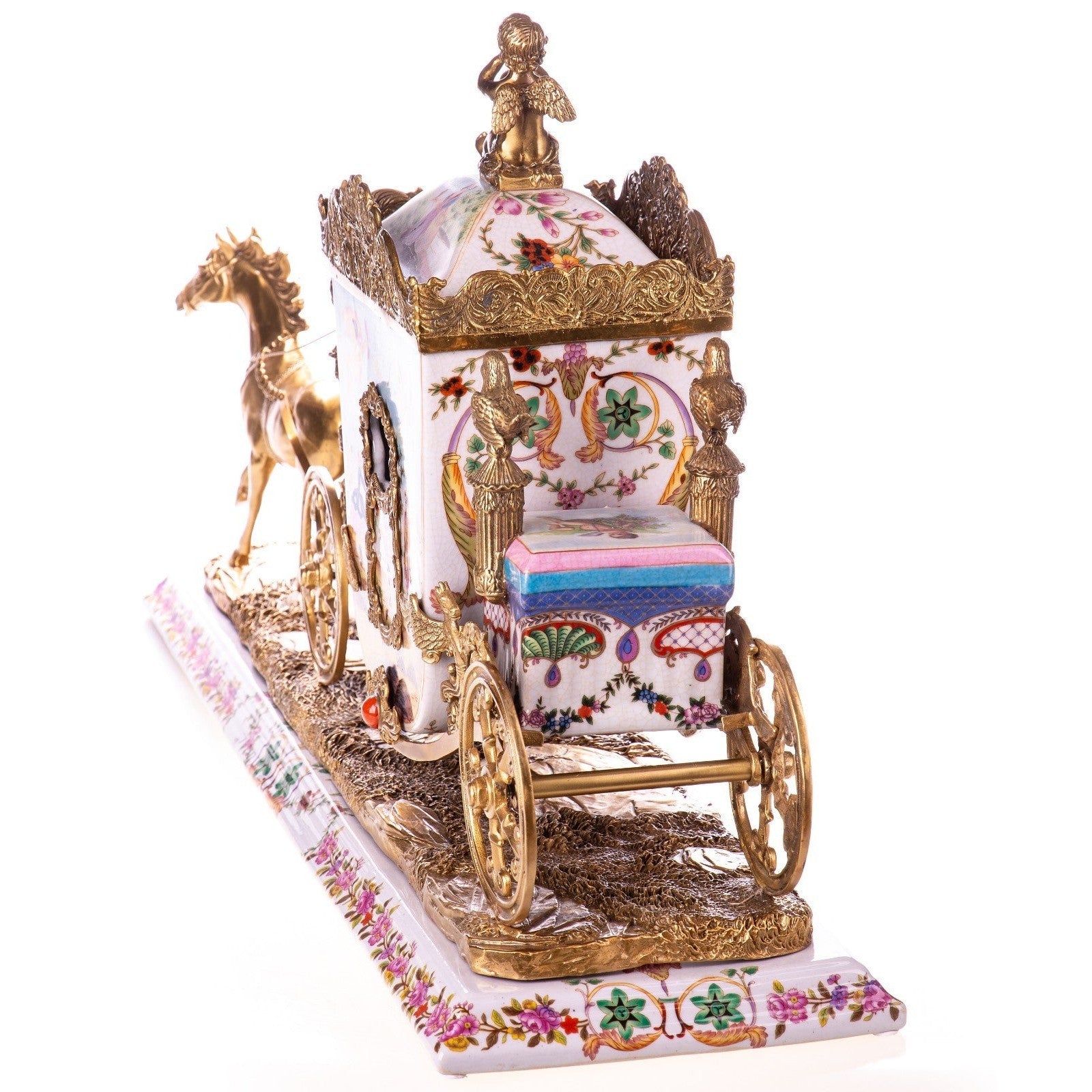 Porcelain & Gilt Bronze Horse-Drawn Carriage Sculpture, Animal Sculptu