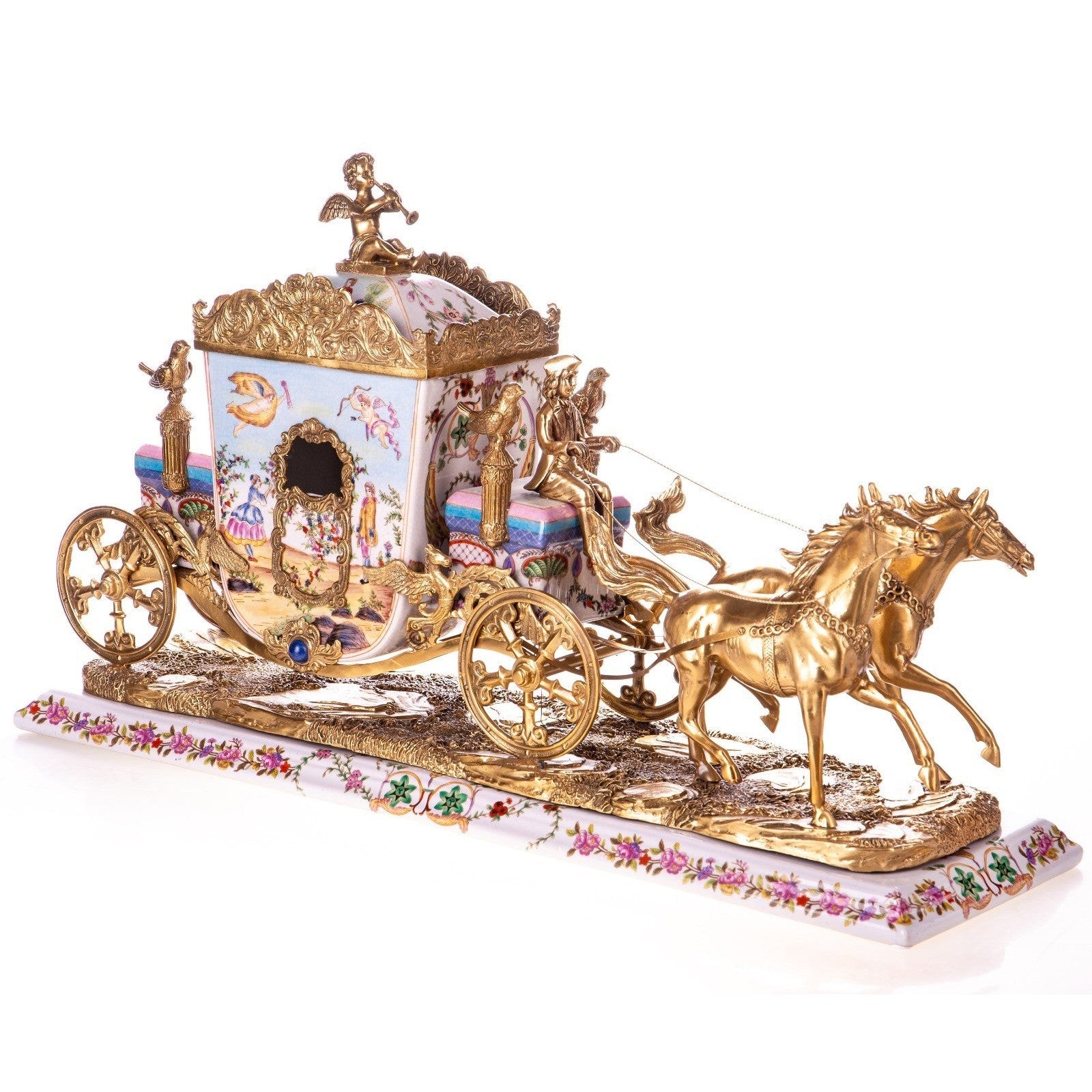 Porcelain & Gilt Bronze Horse-Drawn Carriage Sculpture, Animal Sculptu