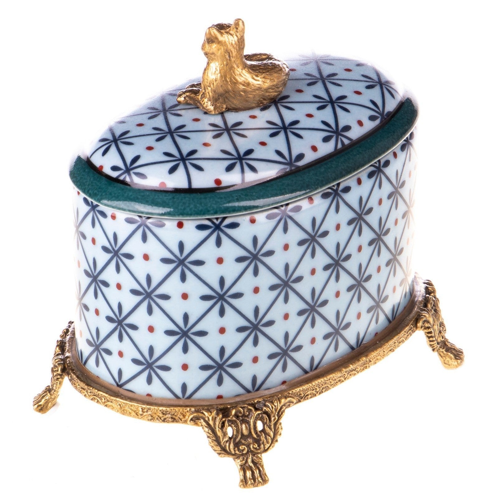 Porcelain Trinket Box with Brass Cat Figurine, Desk & Curio Accessorie