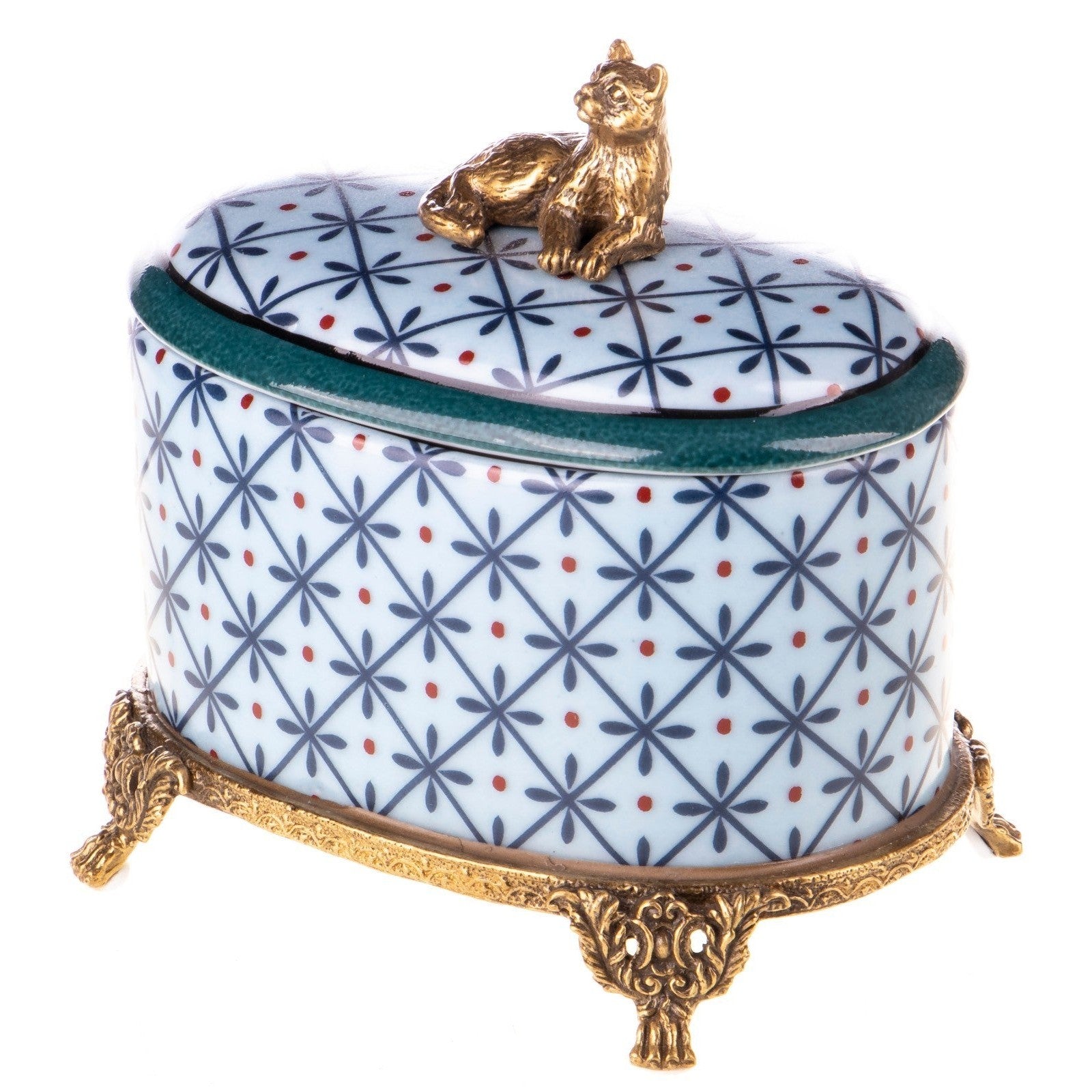 Porcelain Trinket Box with Brass Cat Figurine, Desk & Curio Accessorie