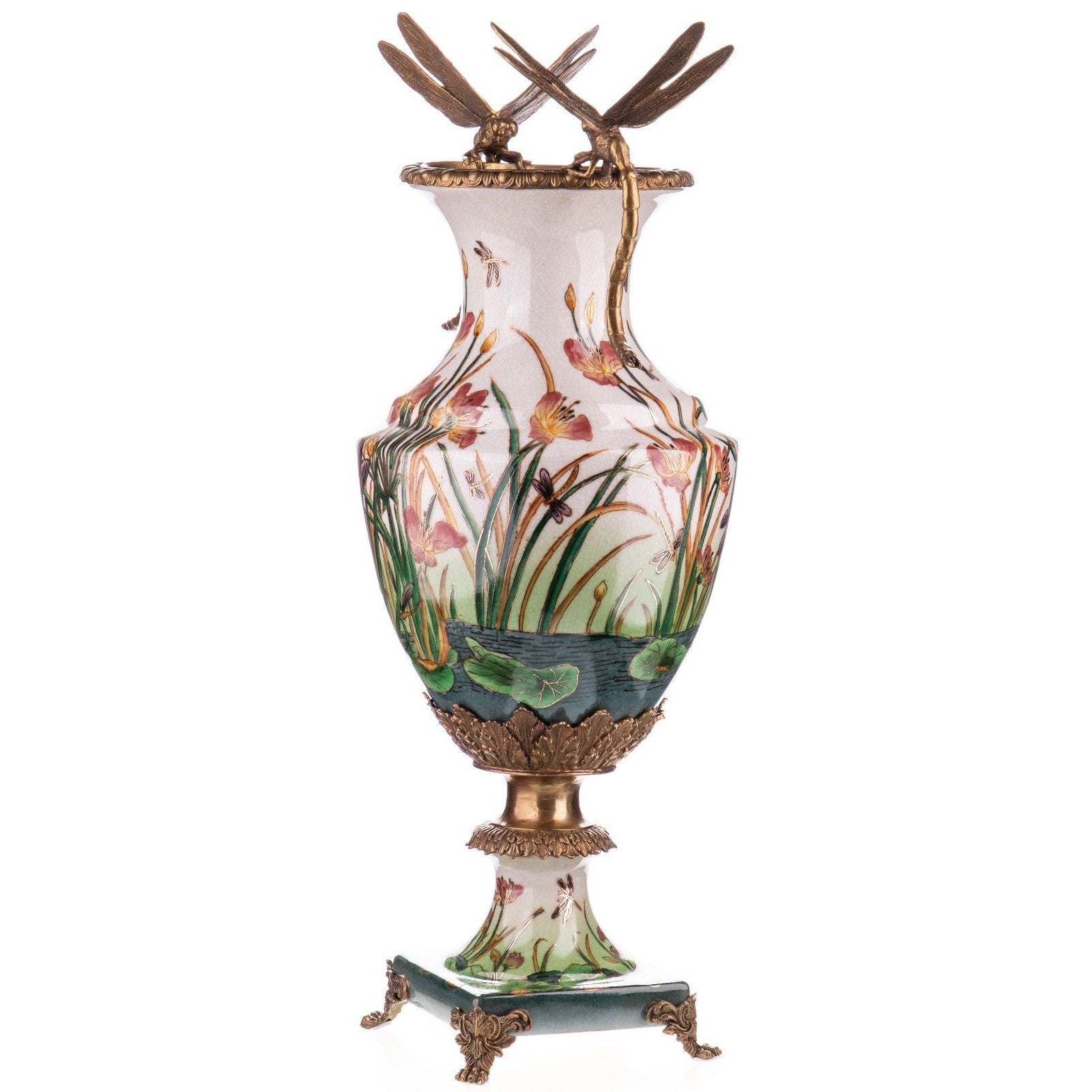 Porcelain Vase with Botanical Motif and Bronze Butterfly Handles