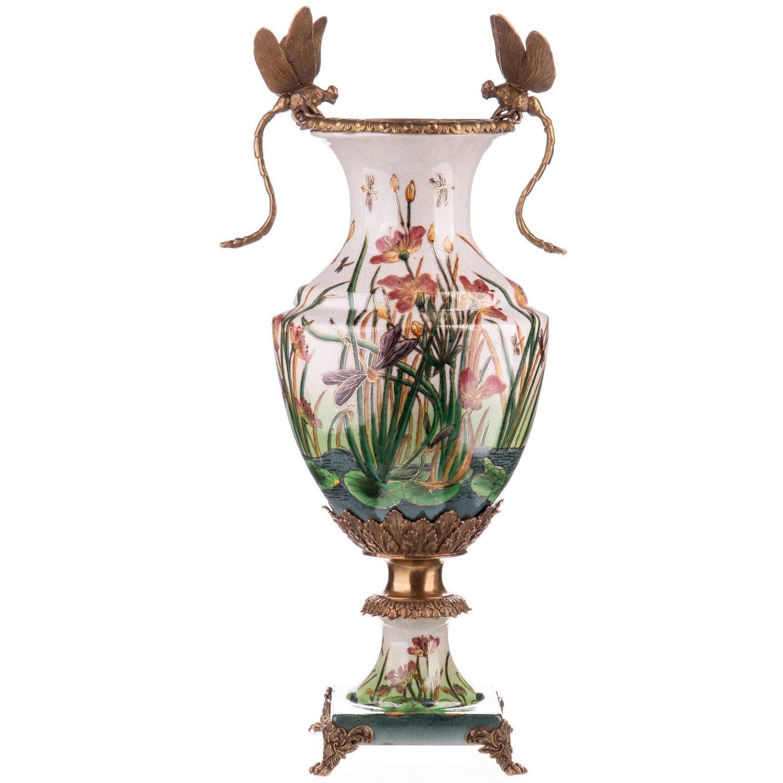 Porcelain Vase with Botanical Motif and Bronze Butterfly Handles
