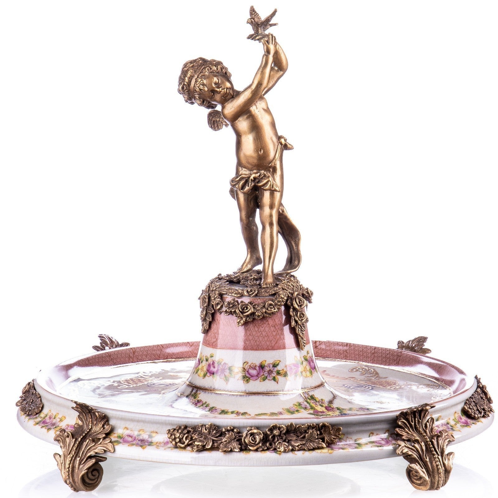 Porcelain and Bronze Centerpiece Dish with Cherub and Bird Figure