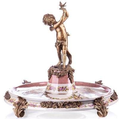 Porcelain and Bronze Centerpiece Dish with Cherub and Bird Figure