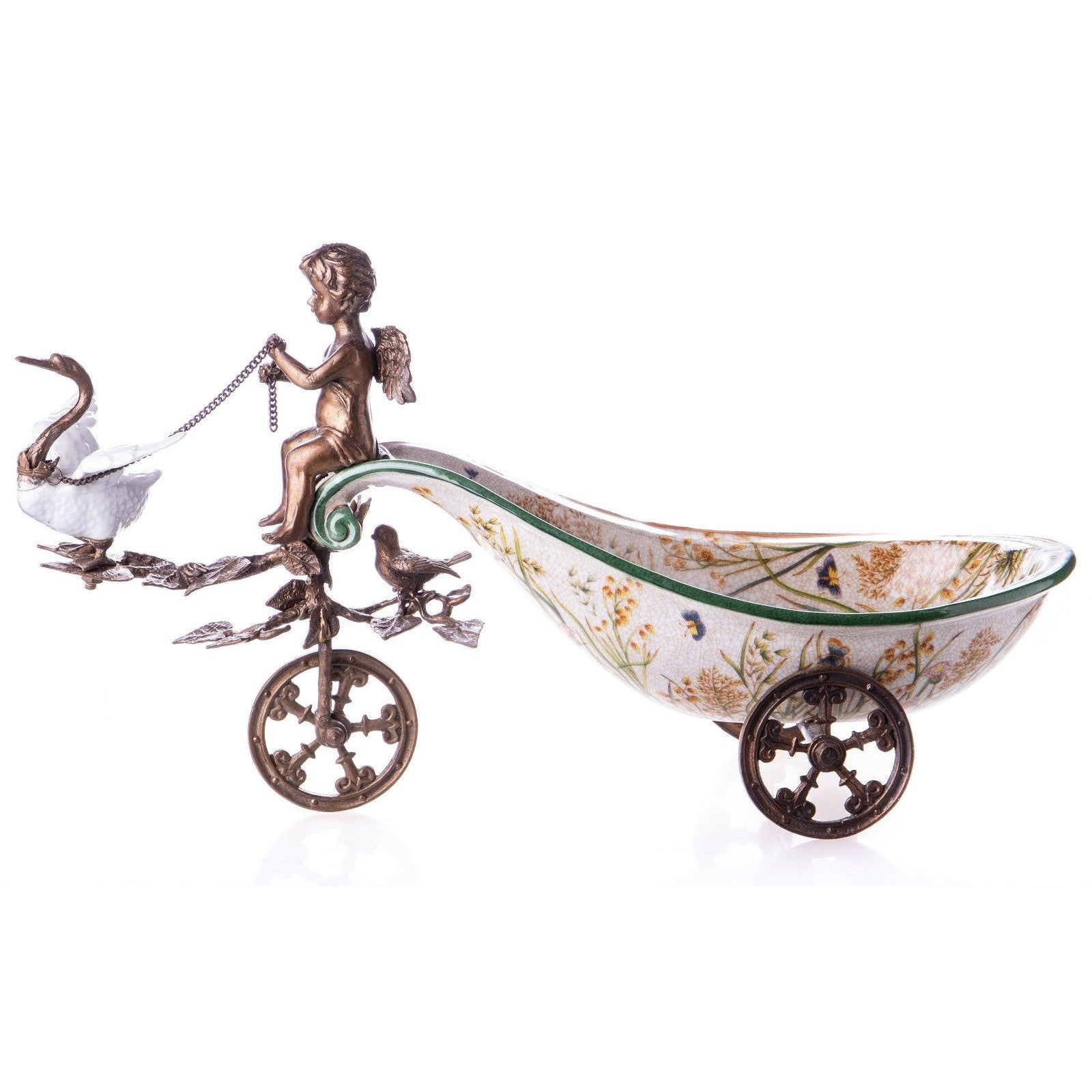 Porcelain and Bronze Decorative Bowl with Cherub and Swan Cart Design