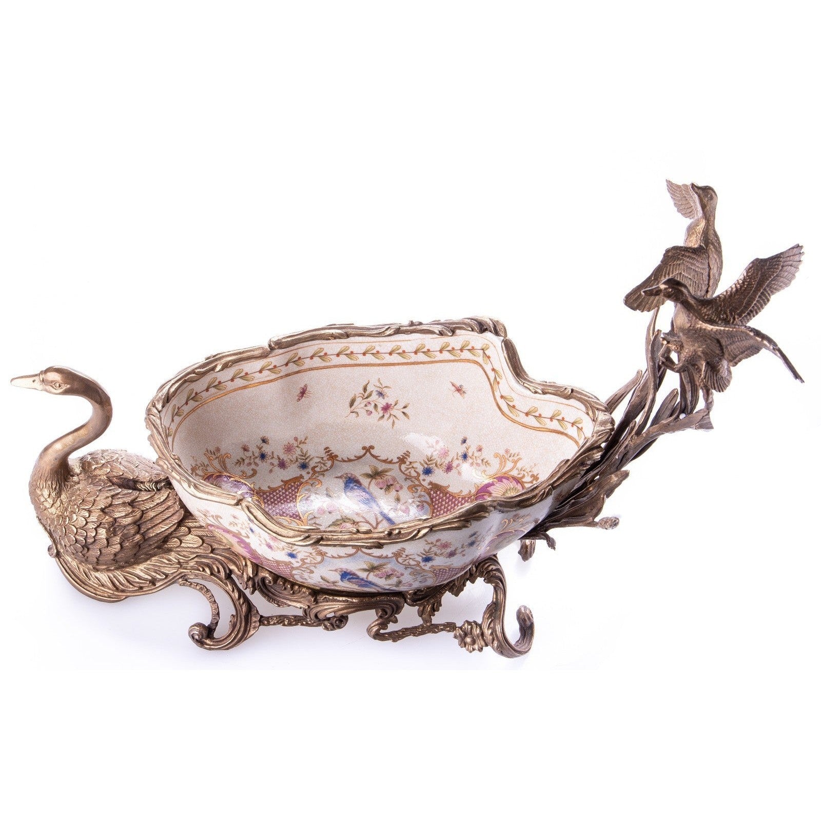 Porcelain and Bronze Decorative Bowl with Swan and Bird Motifs