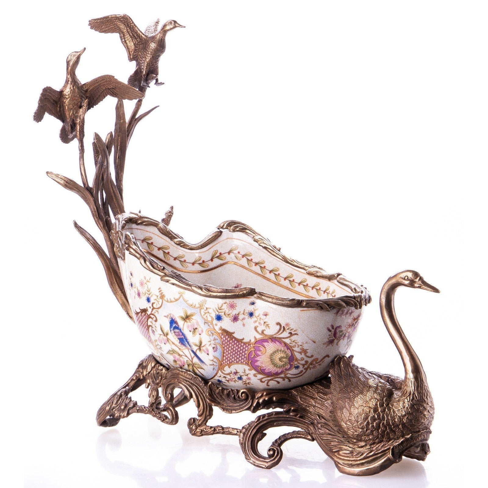 Porcelain and Bronze Decorative Bowl with Swan and Bird Motifs