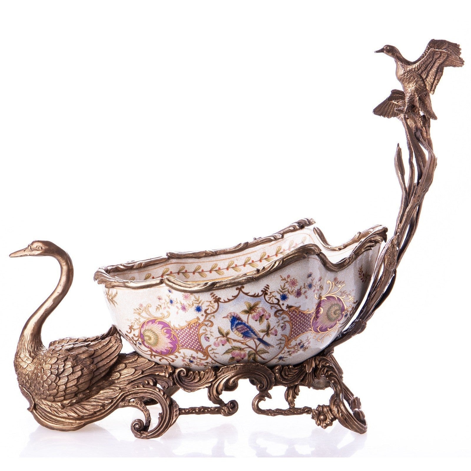 Porcelain and Bronze Decorative Bowl with Swan and Bird Motifs