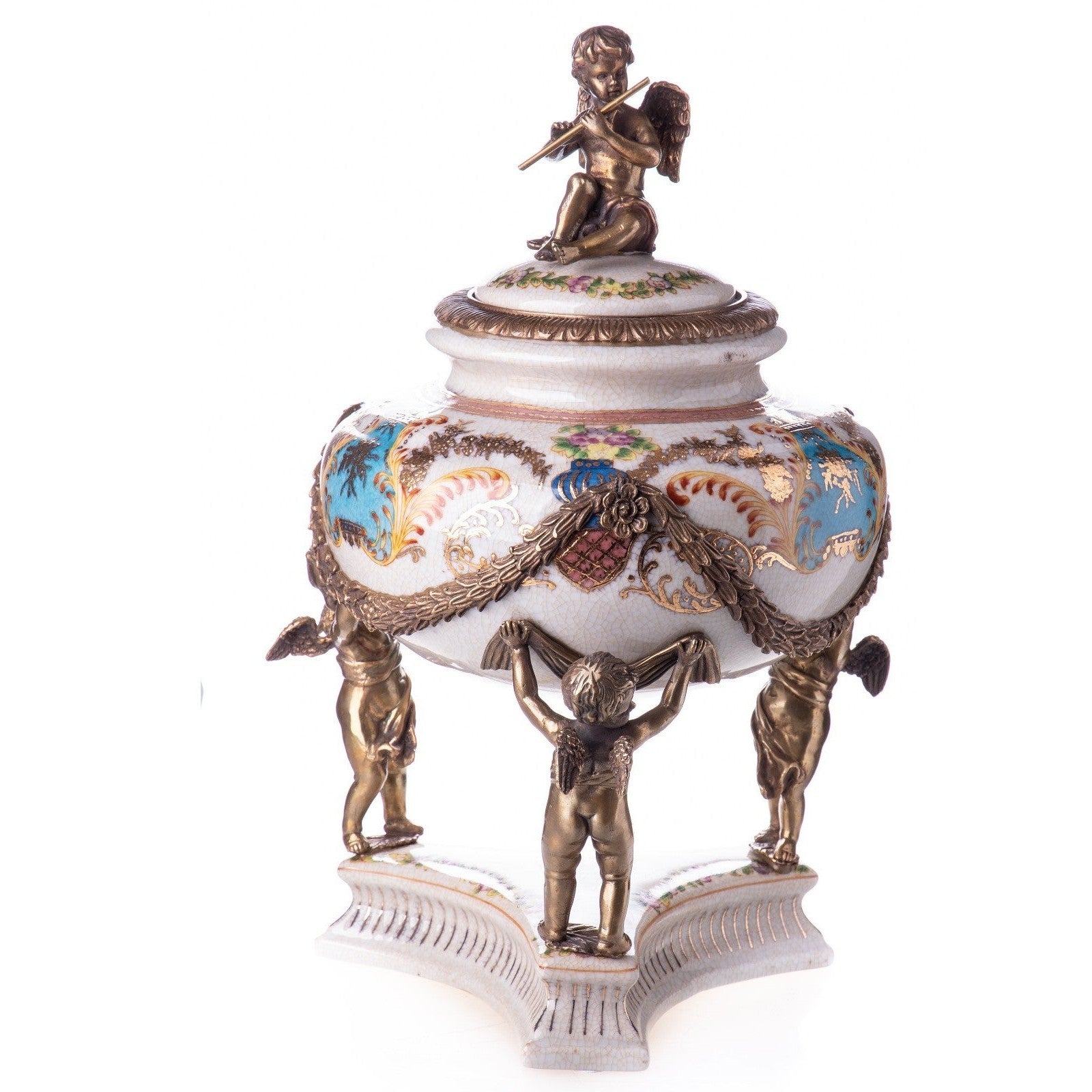 Porcelain and Bronze Lidded Jar with Cherubs, Mythology & Deity Sculpt