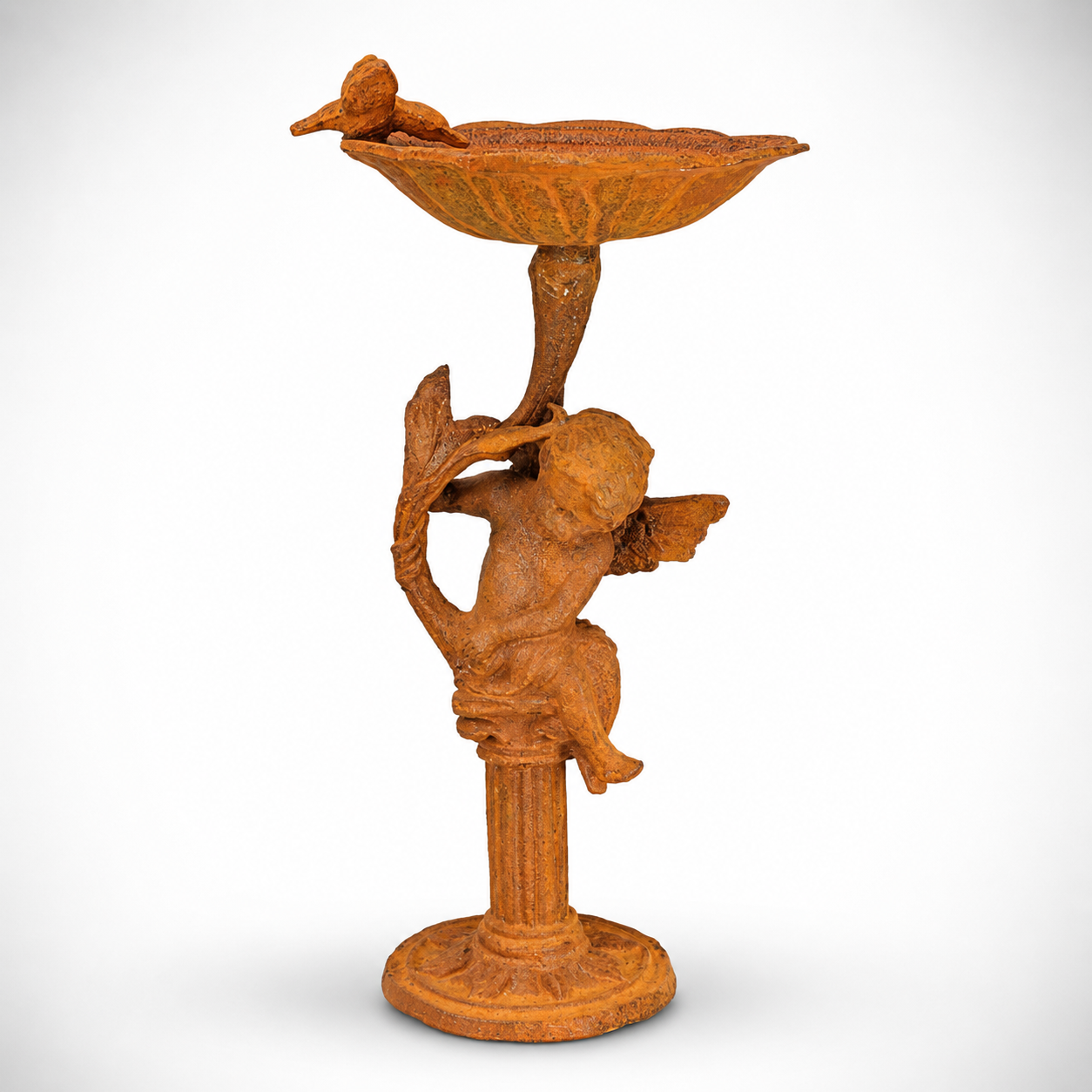 Rusty Cast Iron Putto Bird Bath on Stand, Mythology & Deity Sculptures