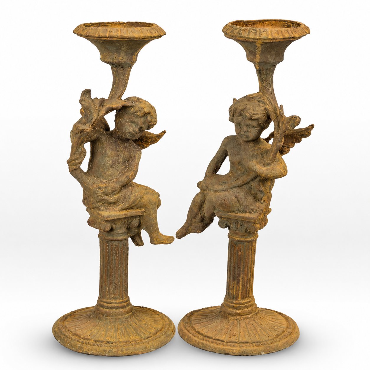 Pair of Rusty Cast Iron Putti Candlestands | Curios & Collectibles