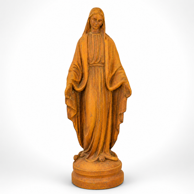 Rusty Cast Iron Figurine of Madonna. Garden Yard Sculptures Decor