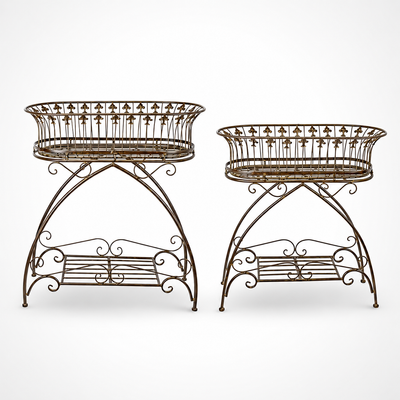 Pair of Brown Iron Planters on Stand | Handcrafted Iron Decor