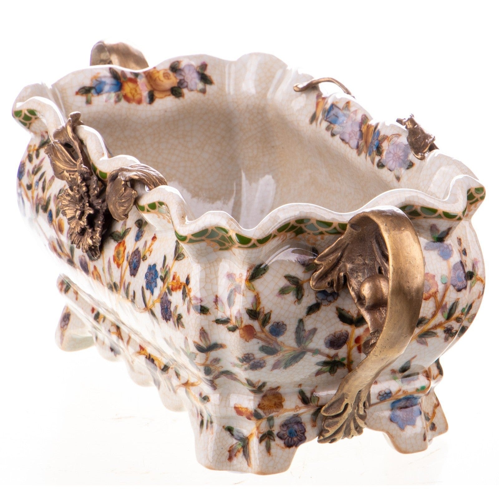 Rectangular Floral Porcelain Planter with Bronze Handles and Trim