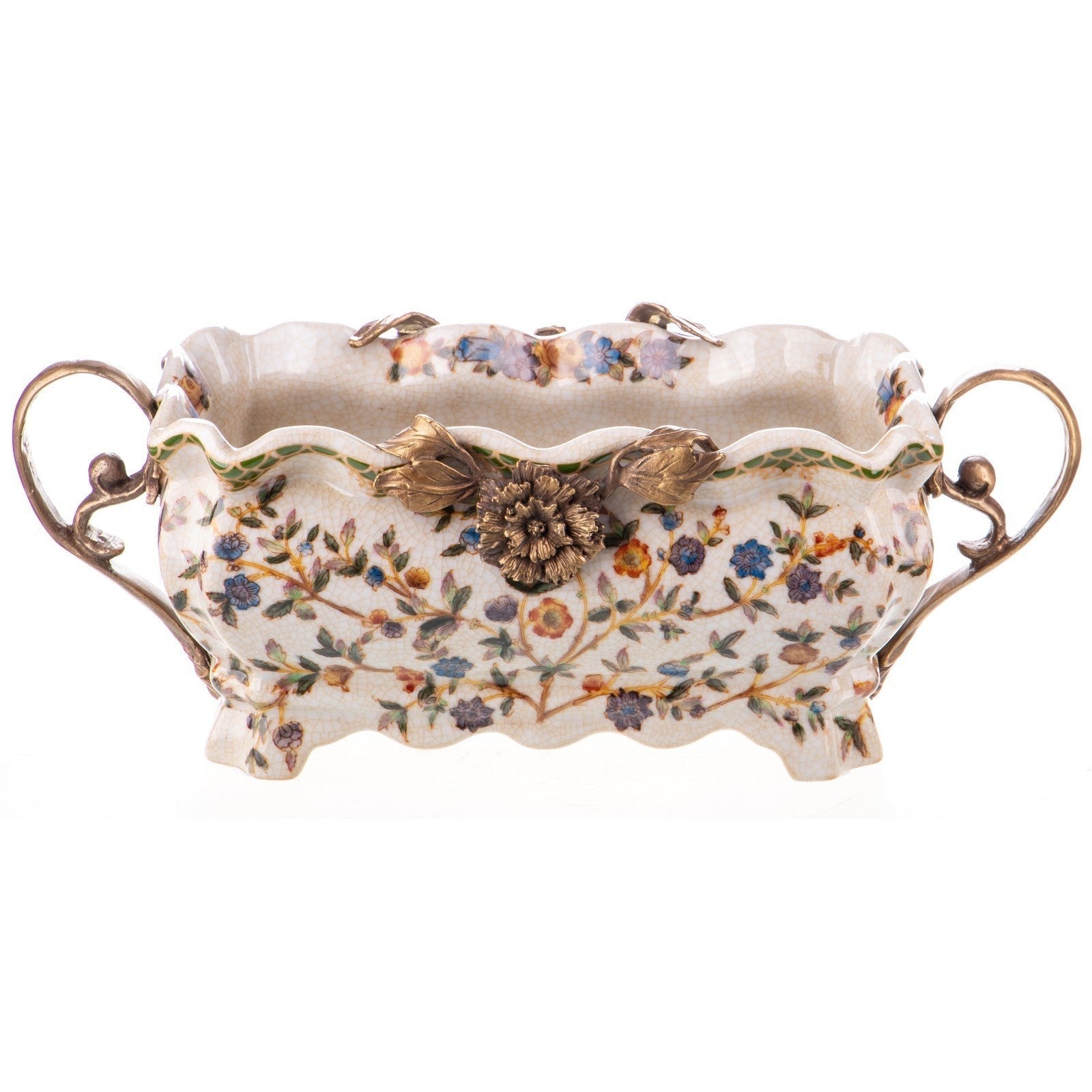 Rectangular Floral Porcelain Planter with Bronze Handles and Trim
