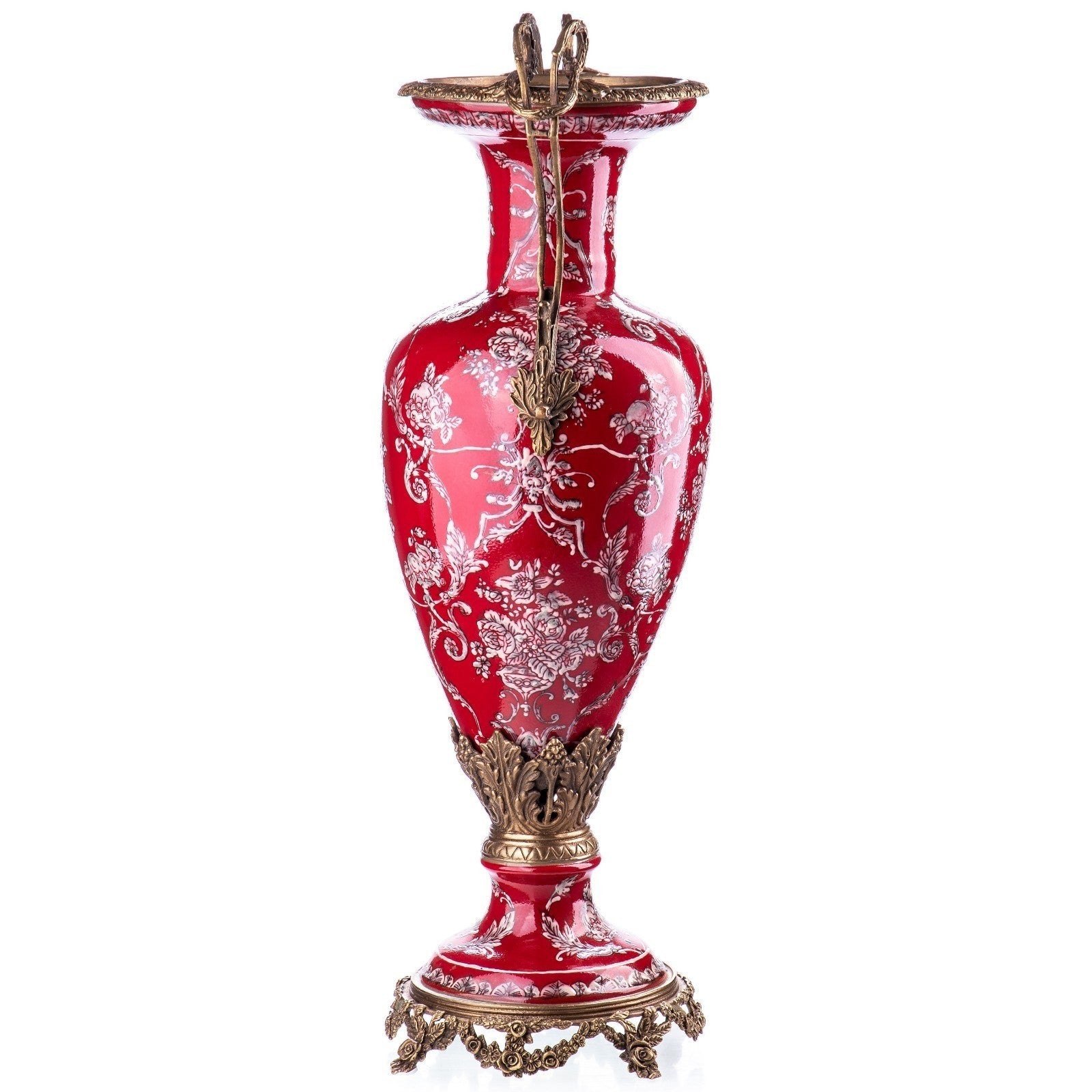 Red Porcelain Vase with White Floral Motif and Bronze Mounts