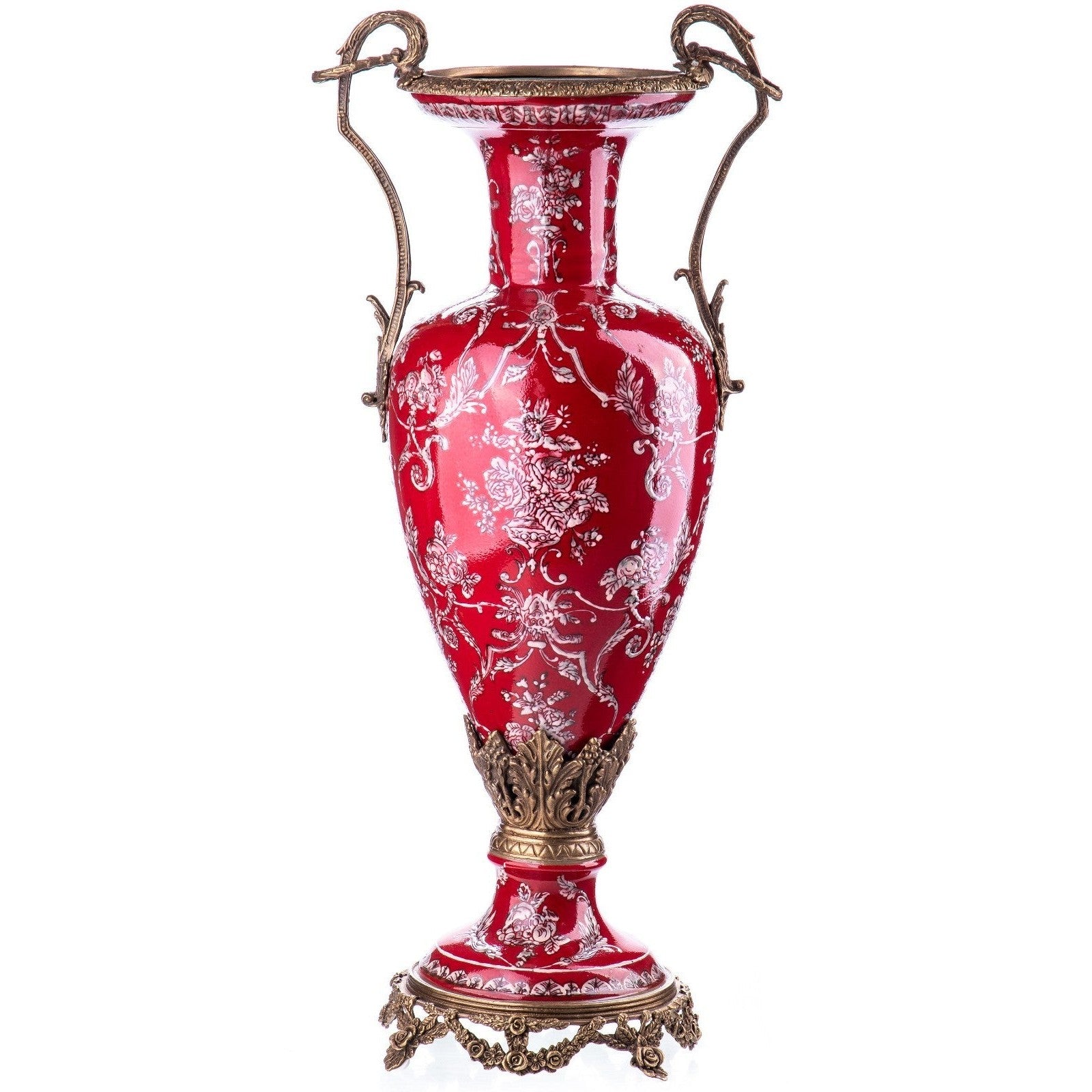 Red Porcelain Vase with White Floral Motif and Bronze Mounts