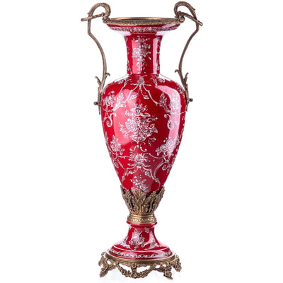 Red Porcelain Vase with White Floral Motif and Bronze Mounts