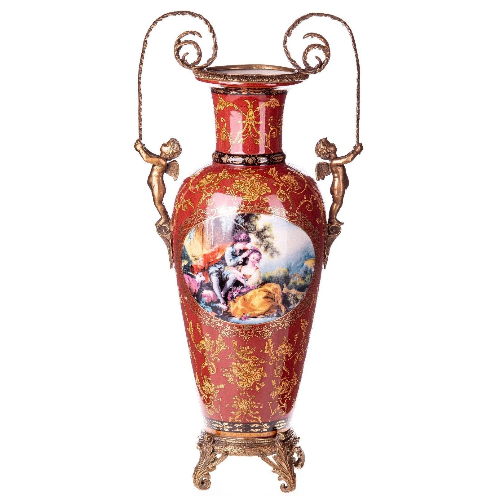 Rococo Red Ceramic Vase with Bronze Cherub Handles | Vases & Bowls