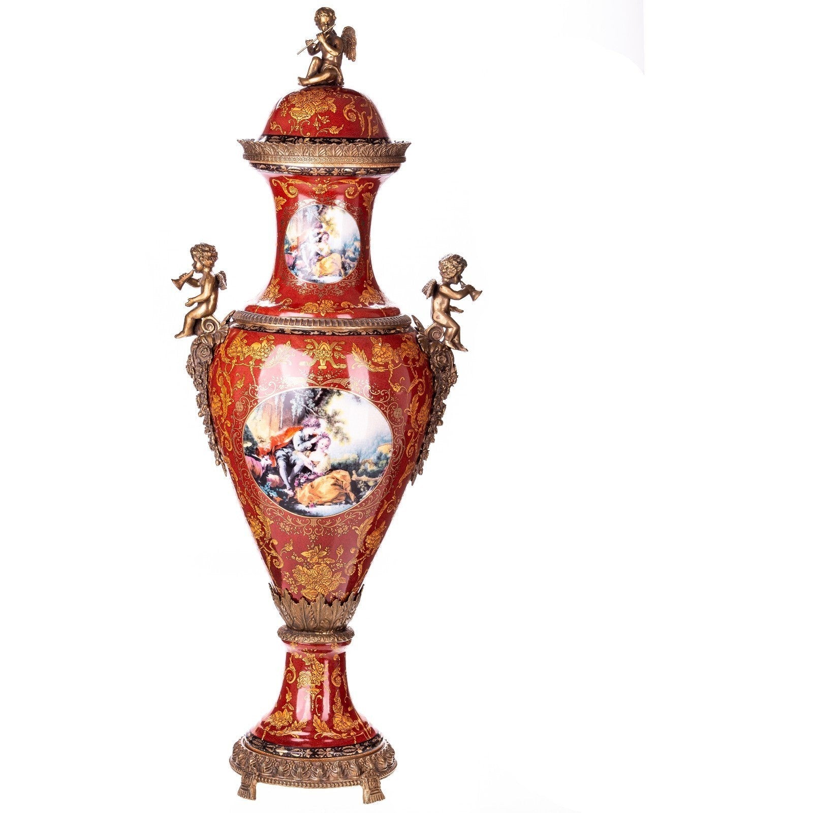 Rococo-Style Covered Vase with Cherub Finial and Romantic Scene