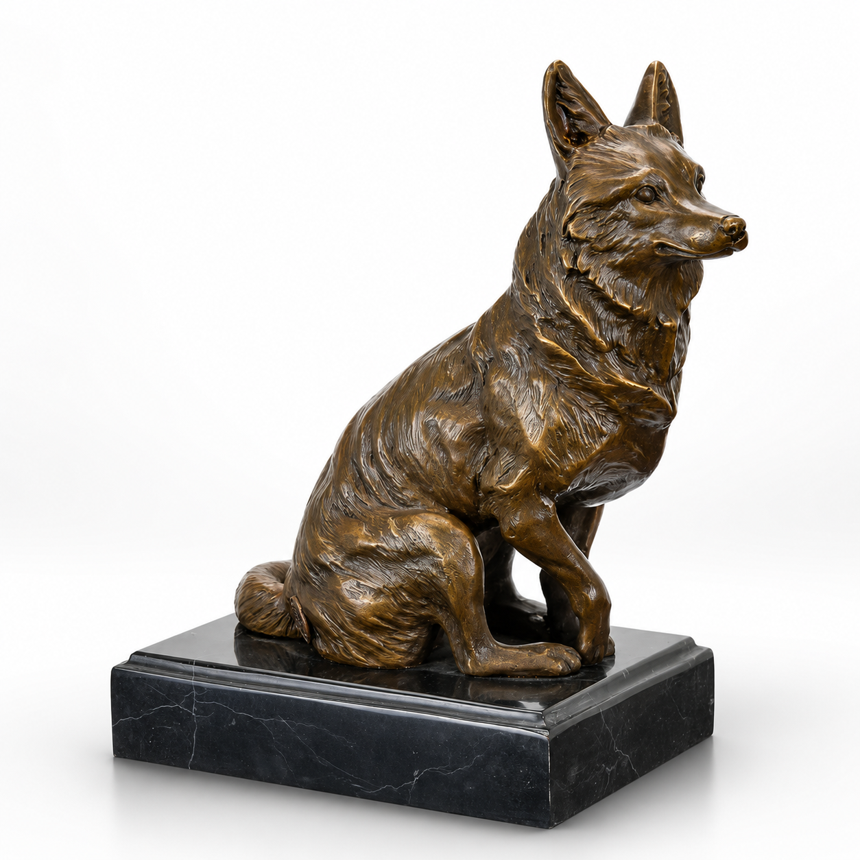 Bronze Sculpture of a Sitting Fox on Marble Base | Animal Sculptures