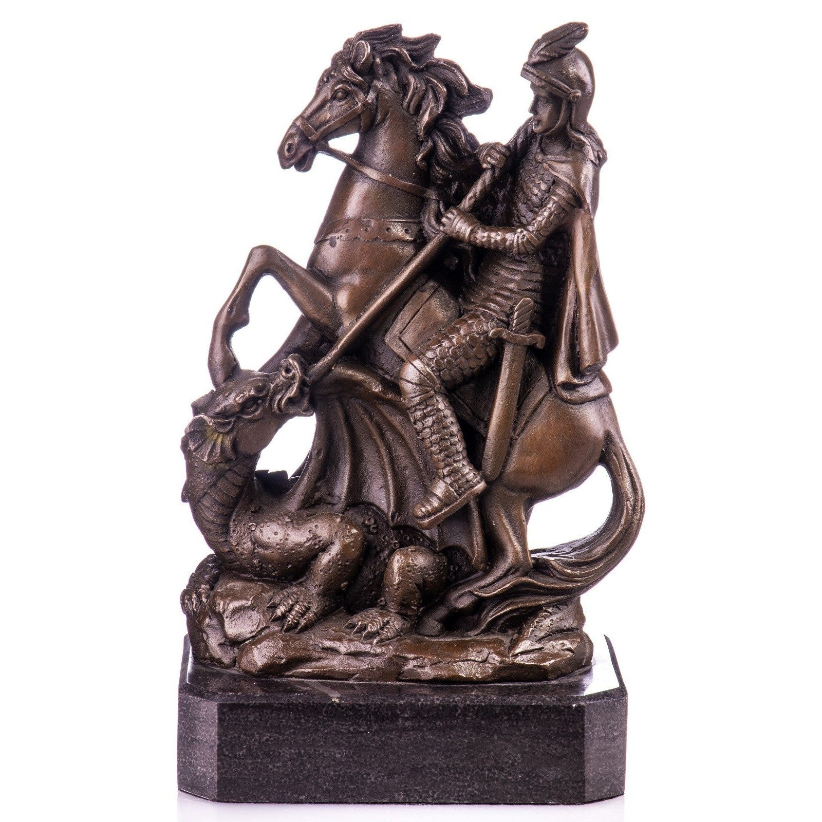Saint George Slaying the Dragon Bronze Sculpture on Marble Base