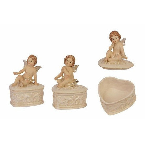 Set of 3 Heart-Shaped Boxes with Angel Figurine Lids, Mythology & Deit