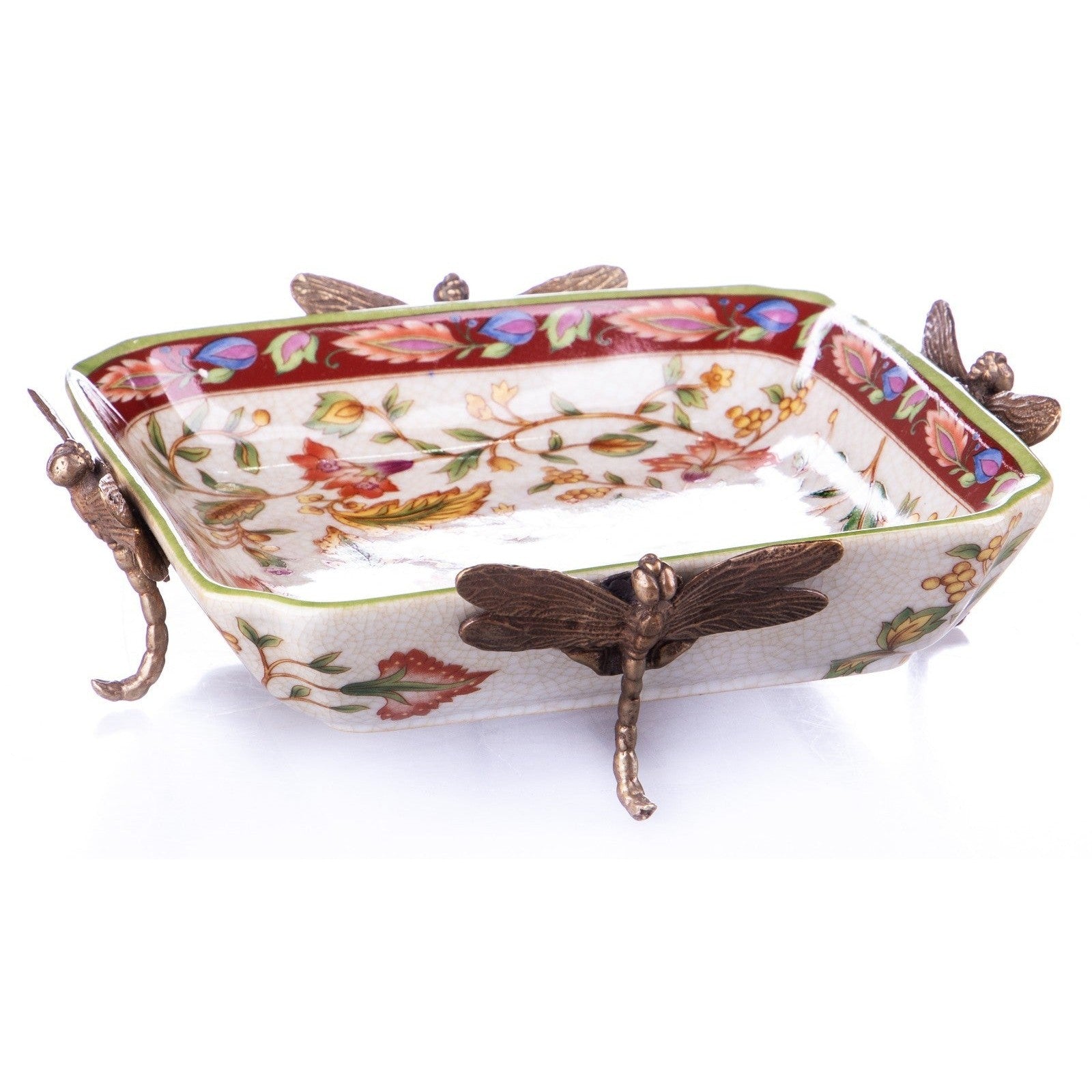 Square Porcelain Decorative Bowl with Bronze Dragonfly Feet