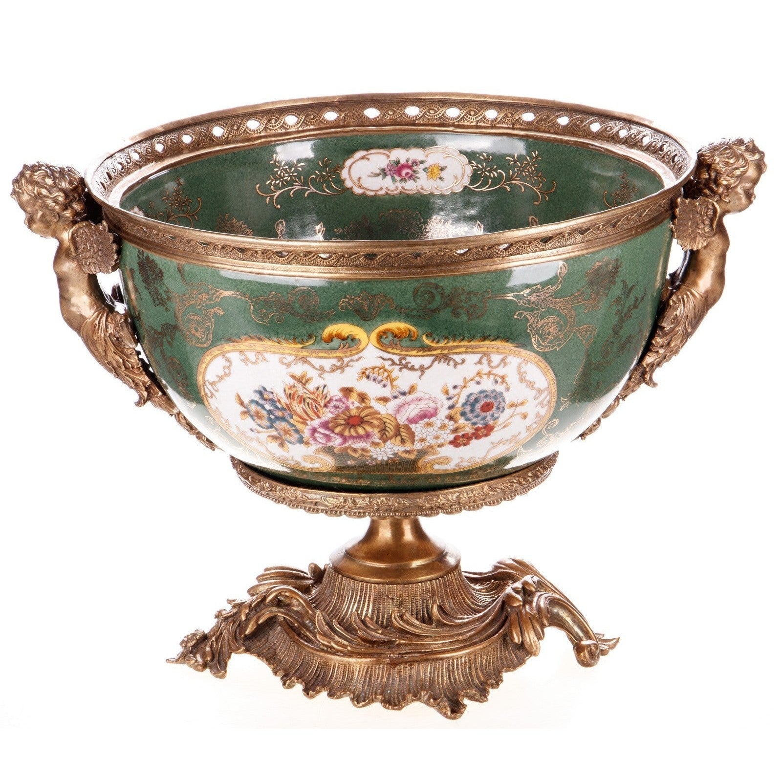 Style Porcelain Centerpiece Bowl with Bronze Cherub Handles