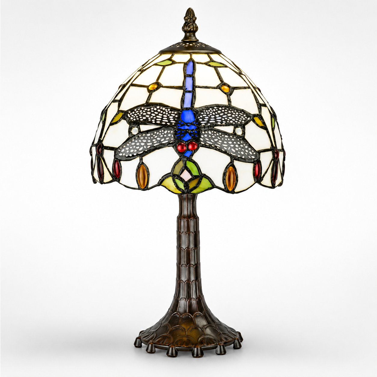 Tiffany Style Table Lamp – White Dragonfly