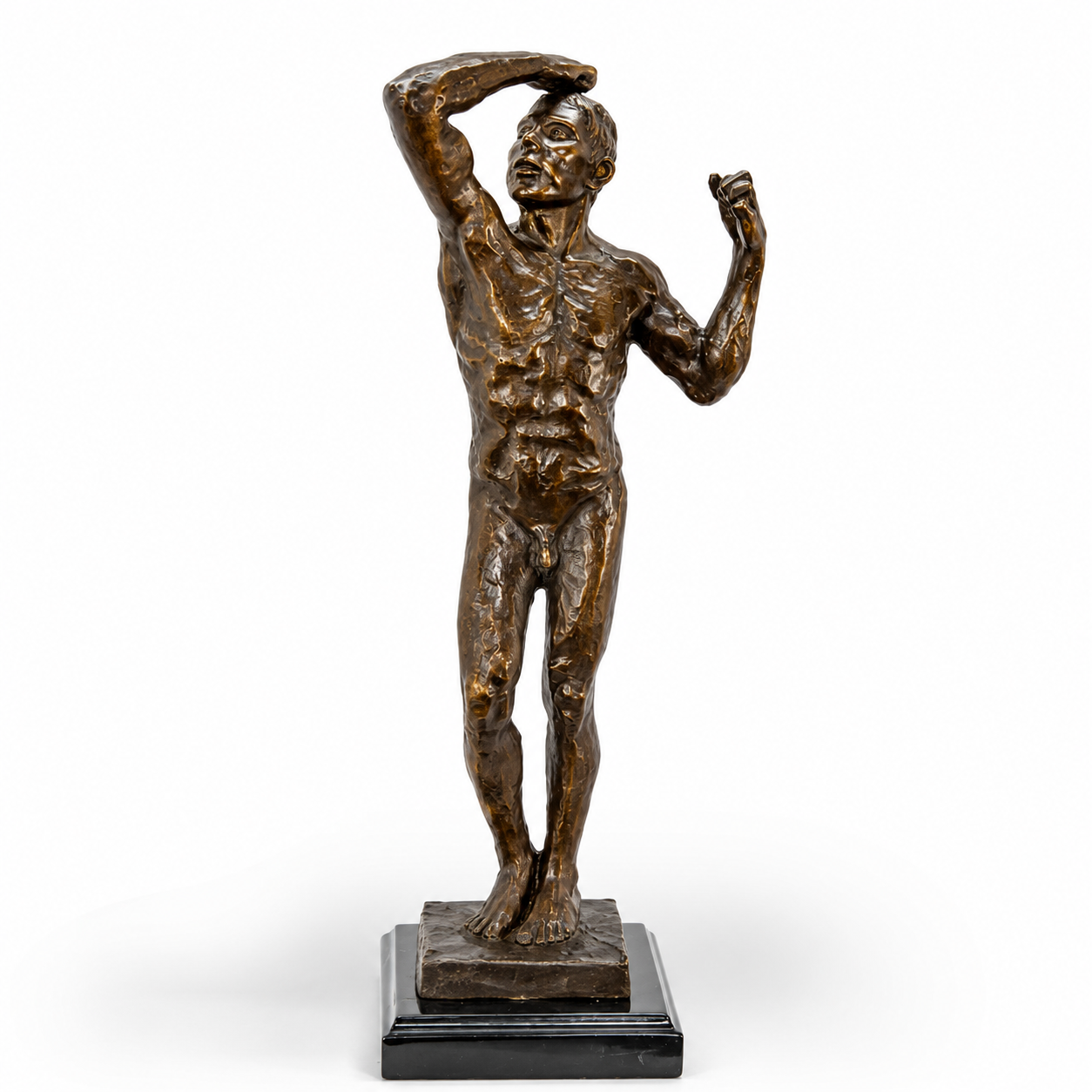 Handcrafted bronze sculpture of an expressive standing male figure with raised arms on a polished black marble base.