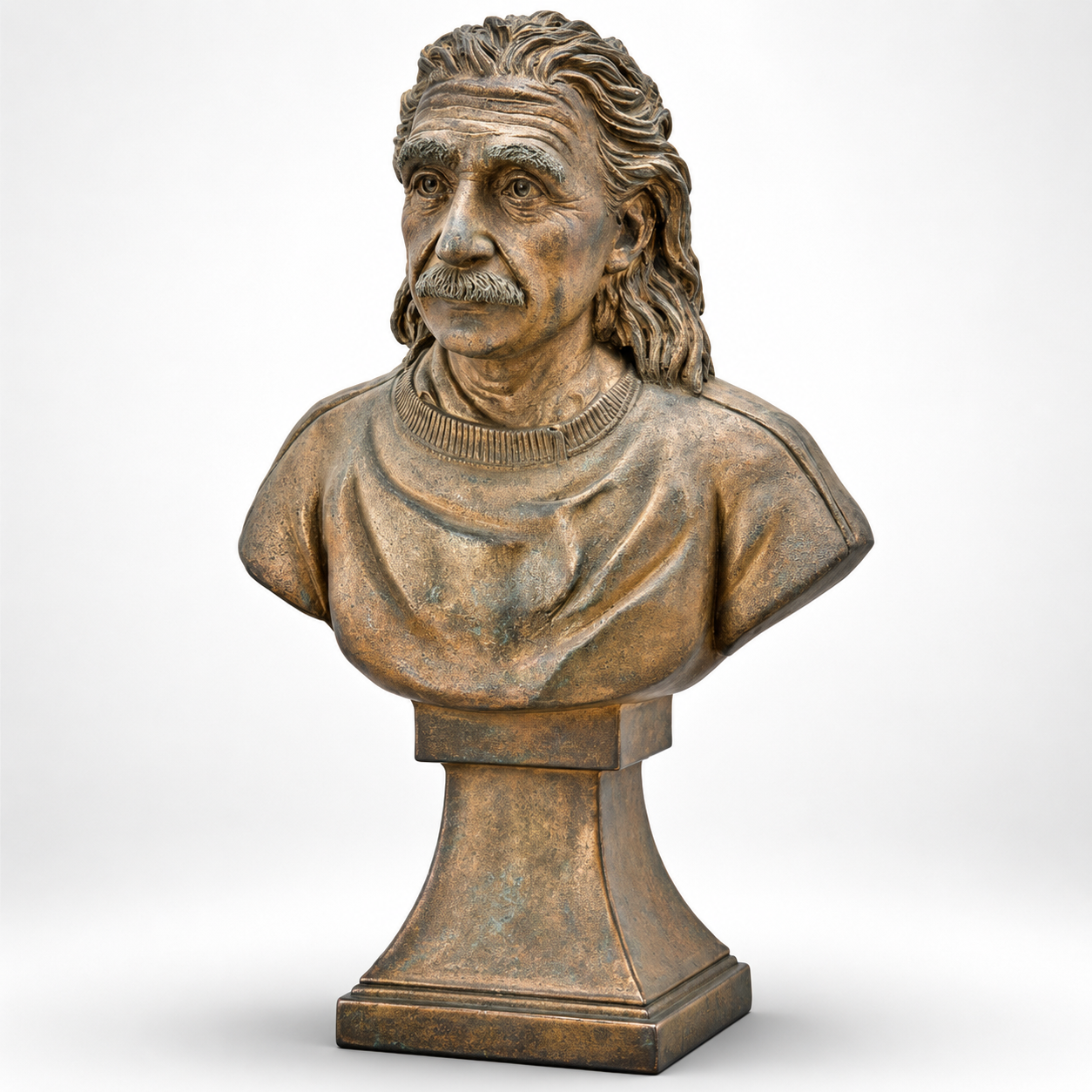 Handcrafted bronze bust sculpture of Albert Einstein featuring his iconic hairstyle, mustache and sweater on a pedestal.