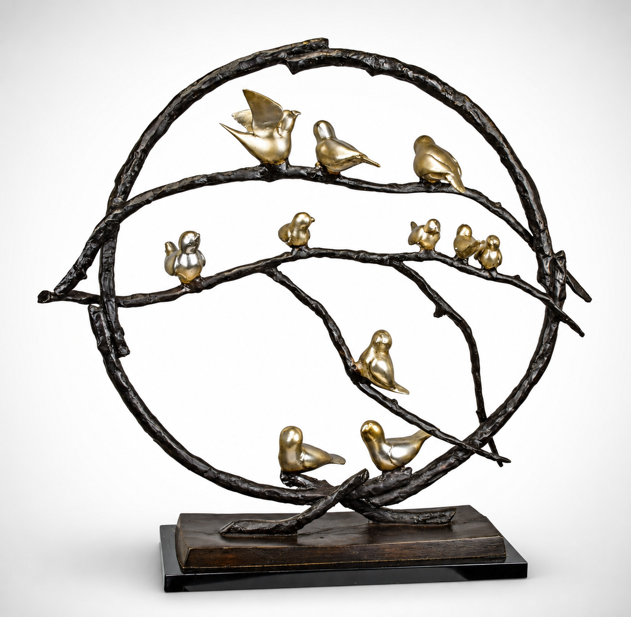Birds on Branch Circle | Handcrafted Bronze Decor