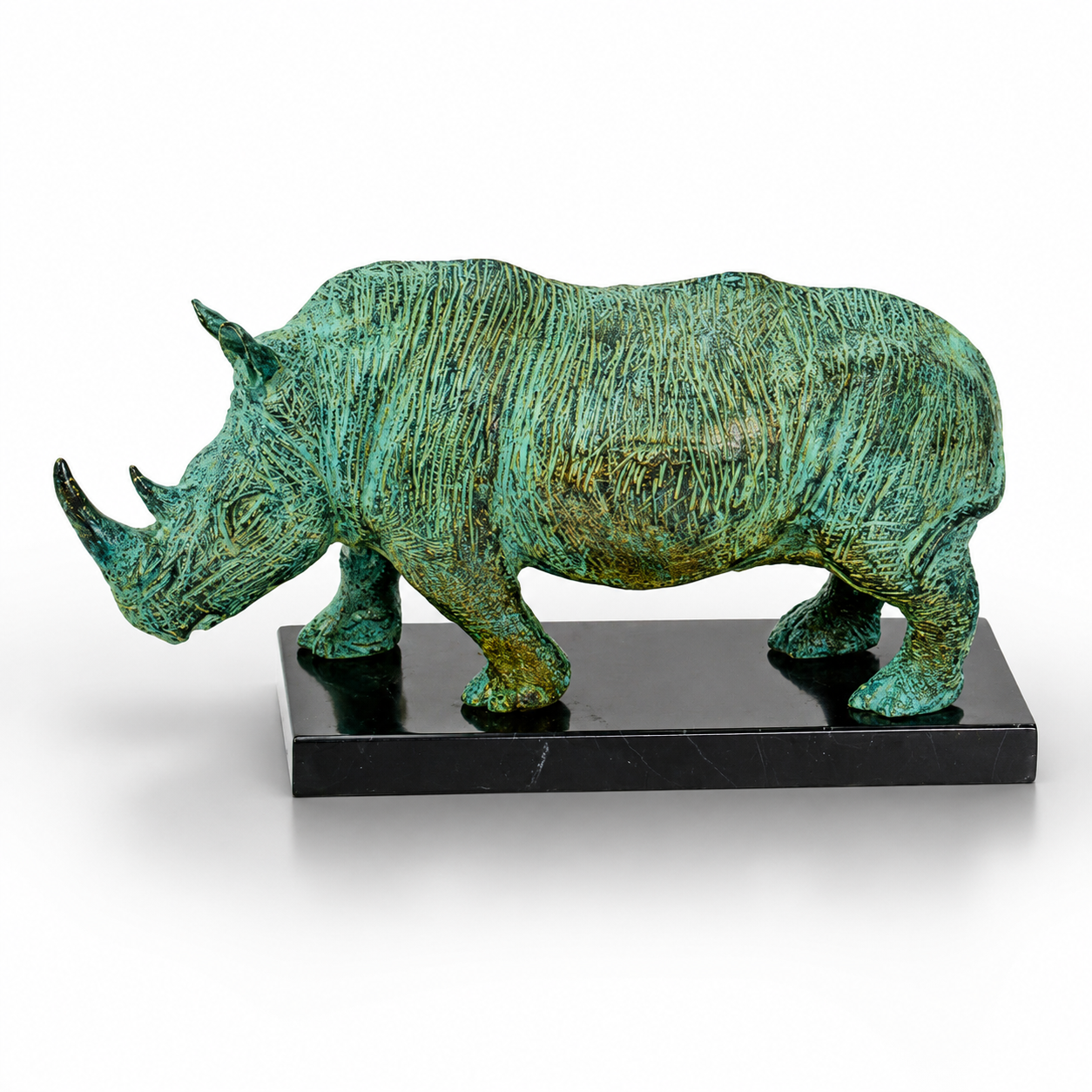 Bronze Sculpture of a Standing Rhino on a Marble Base. animal Decor