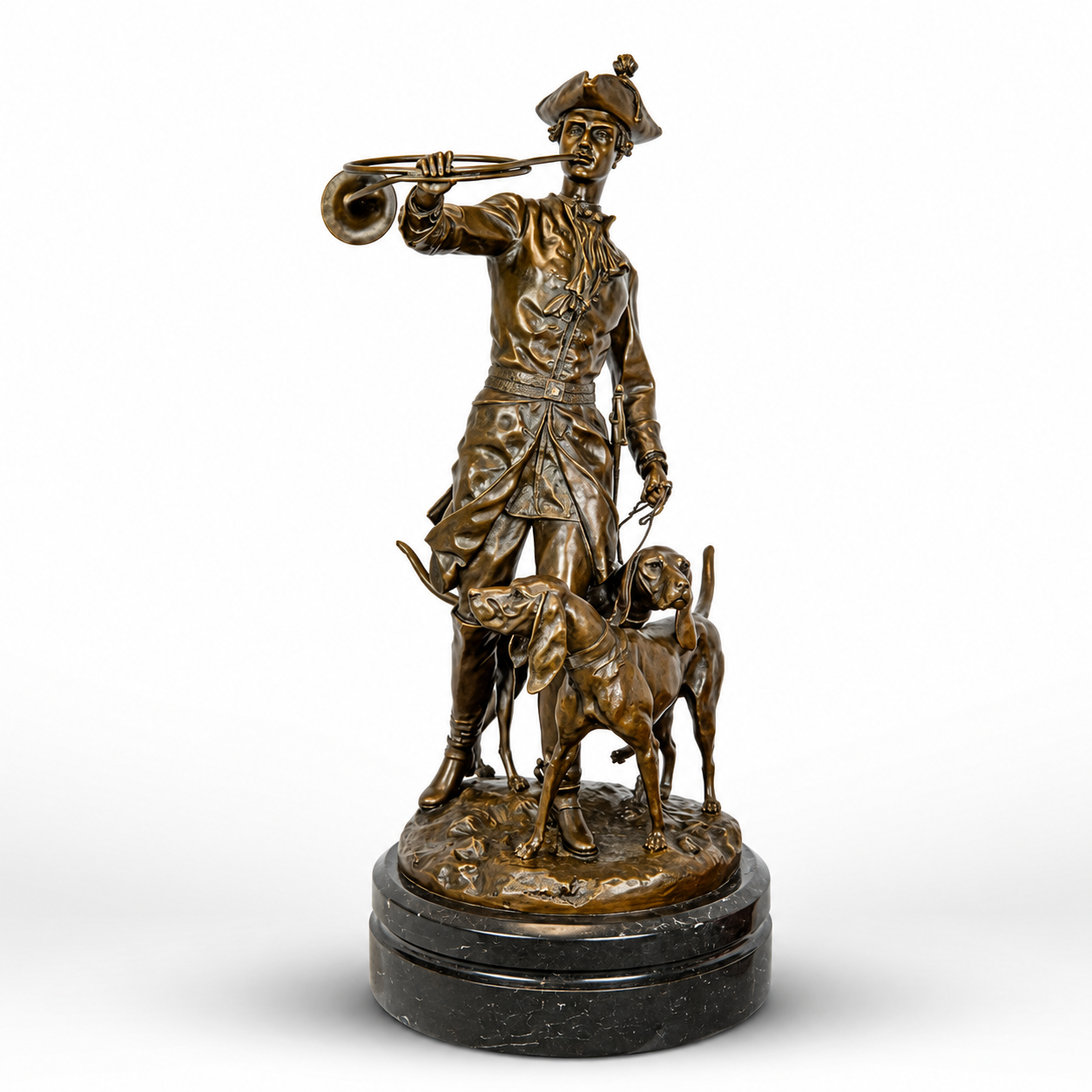 Hunting Horn Stag Dog Statue | Handcrafted Bronze Decor