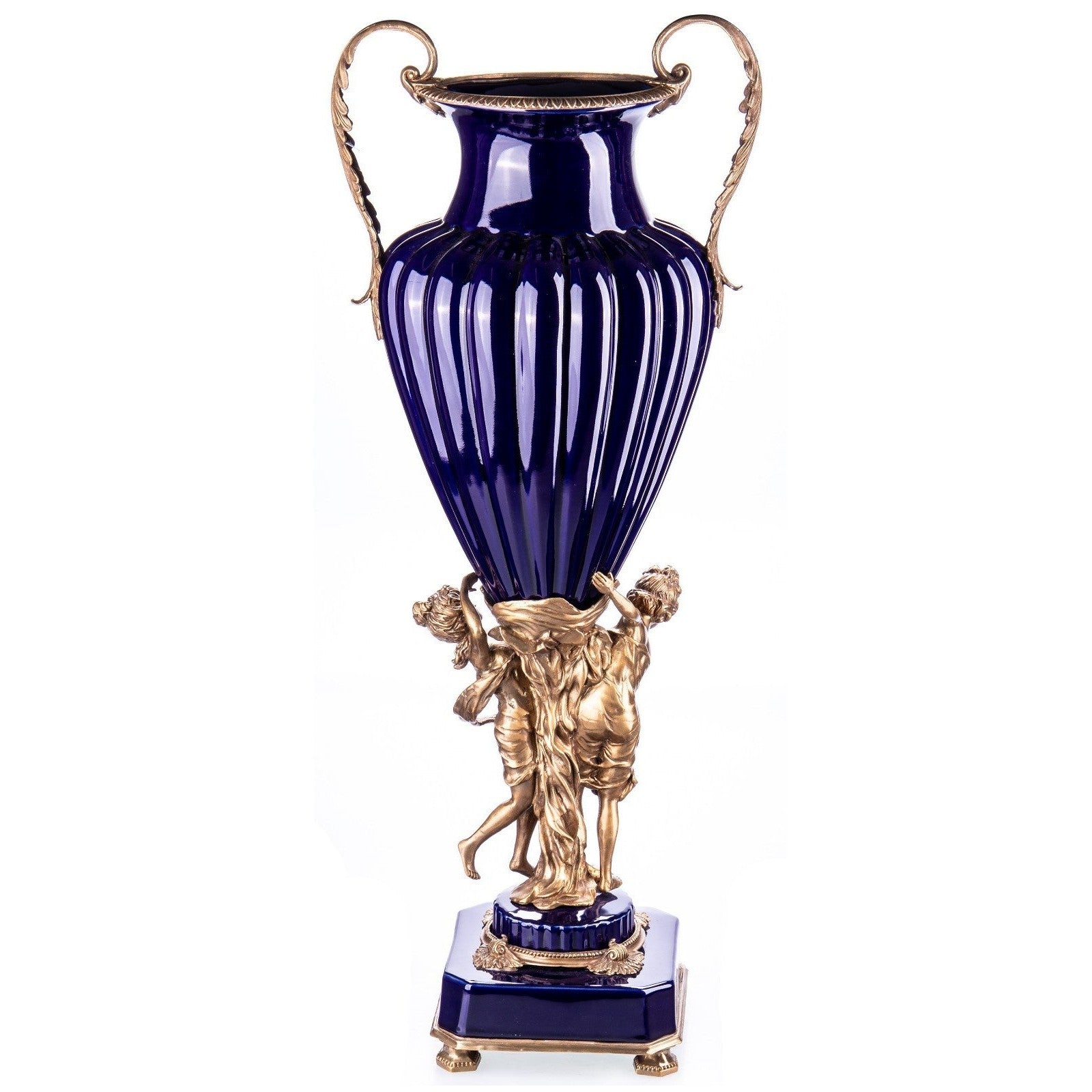 Tall Cobalt Blue Porcelain Vase with Bronze Figural Base