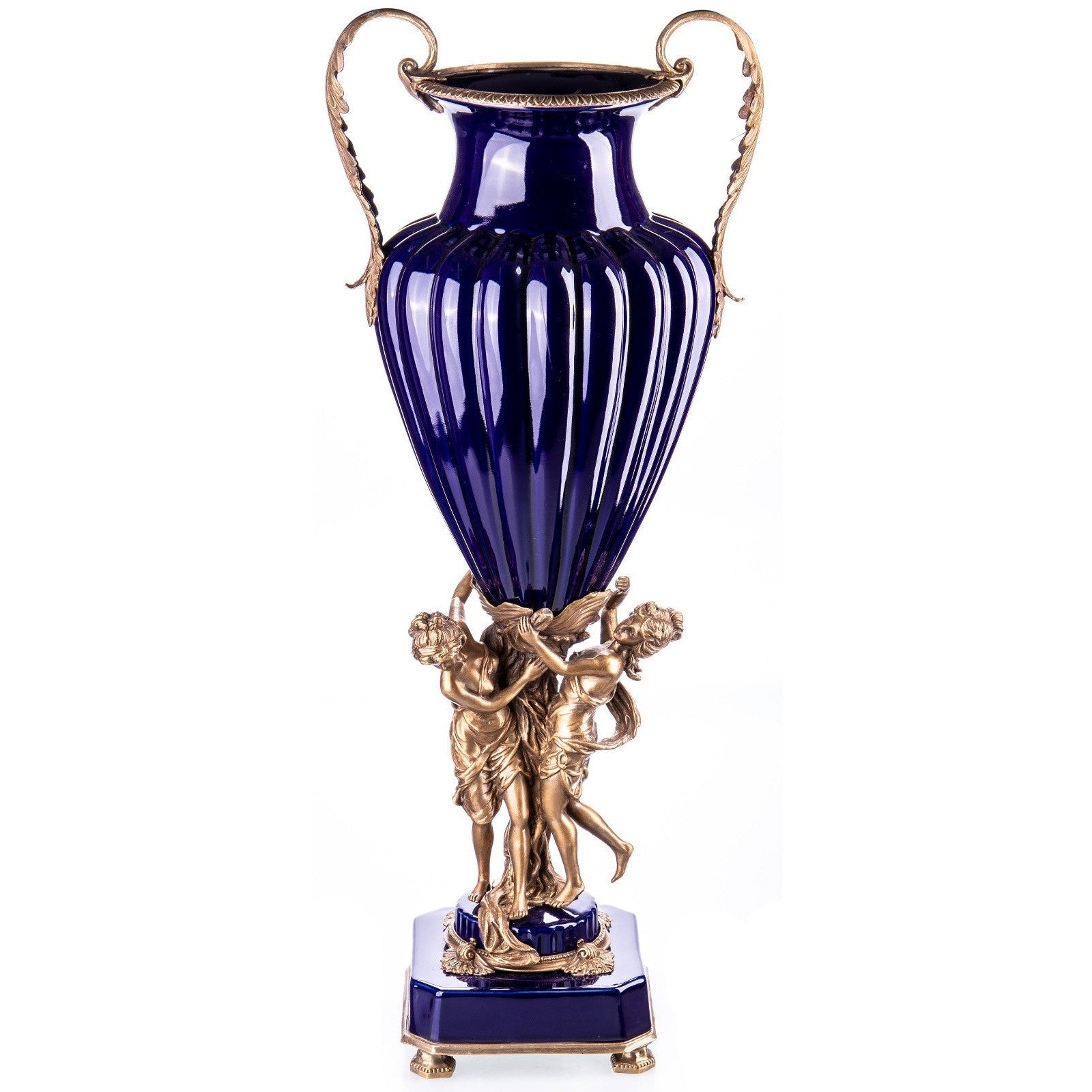 Tall Cobalt Blue Porcelain Vase with Bronze Figural Base