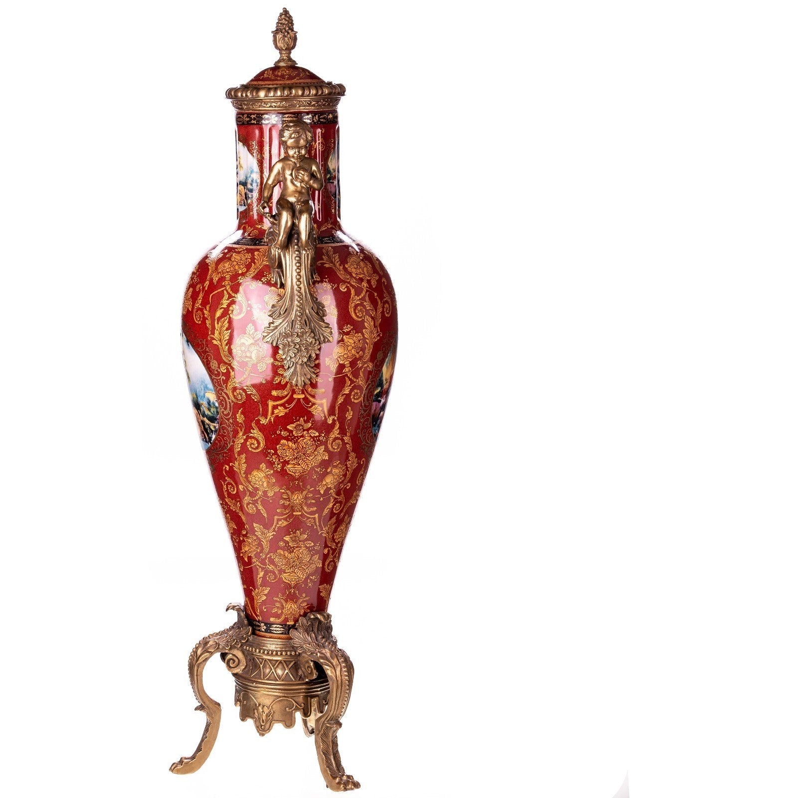 Tall Rococo Lidded Vase with Cherub Handles and Pastoral Scene