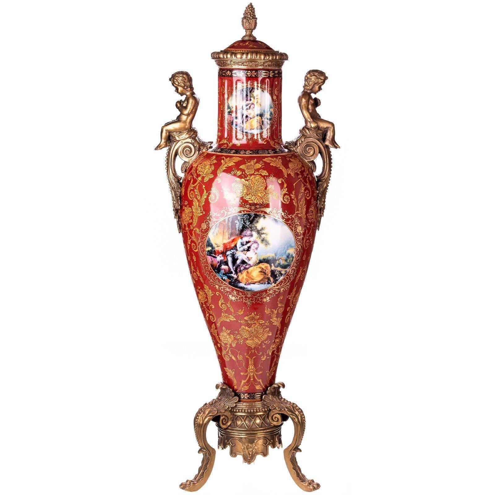 Tall Rococo Lidded Vase with Cherub Handles and Pastoral Scene