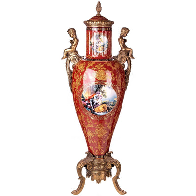 Tall Rococo Lidded Vase with Cherub Handles and Pastoral Scene