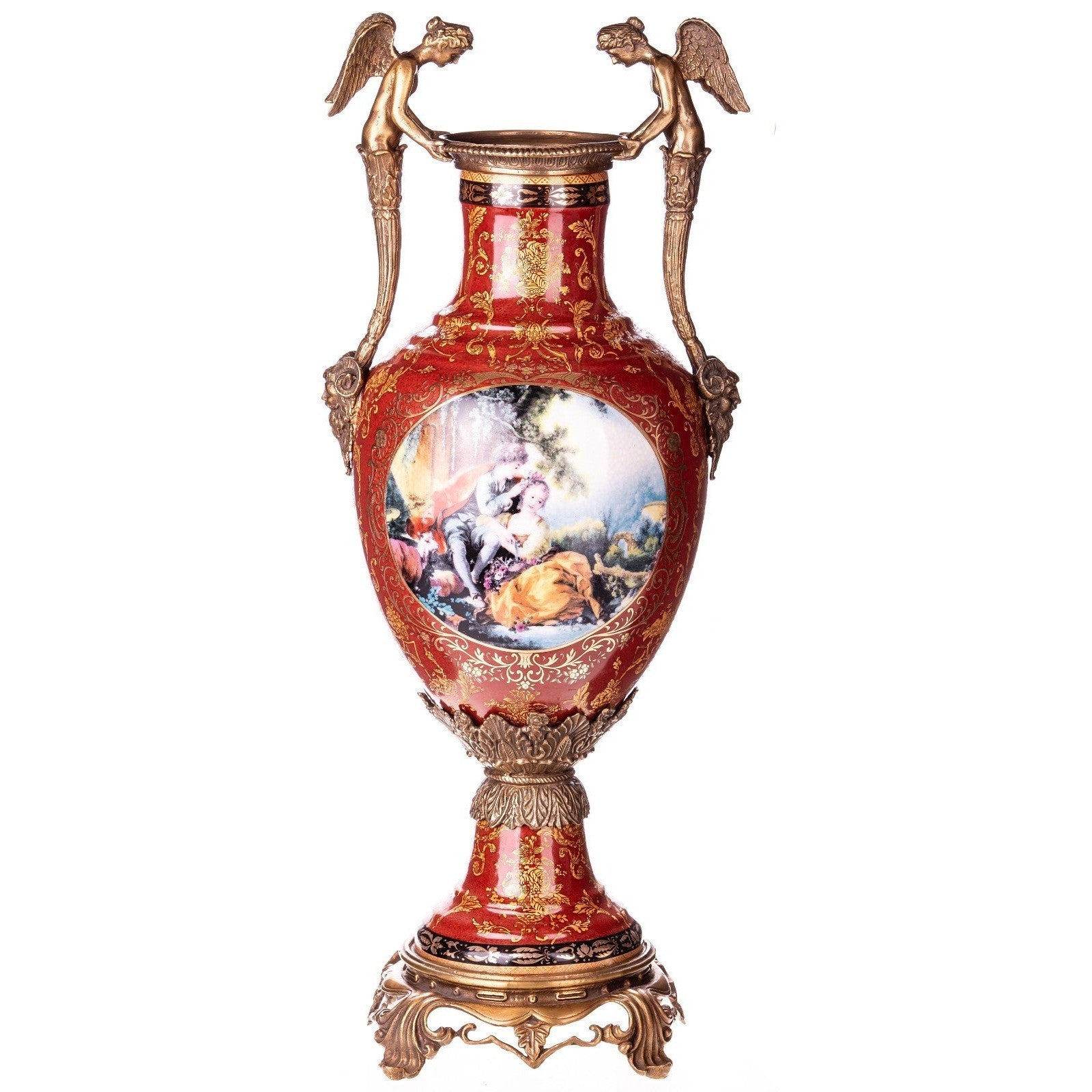 Tall Rococo Red Porcelain Vase with Bronze Angel Handles