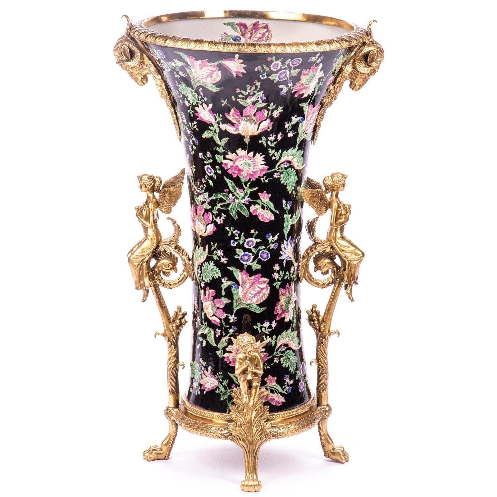 Tall Tapered Porcelain Vase with Floral Design and Gilt Cherub Base