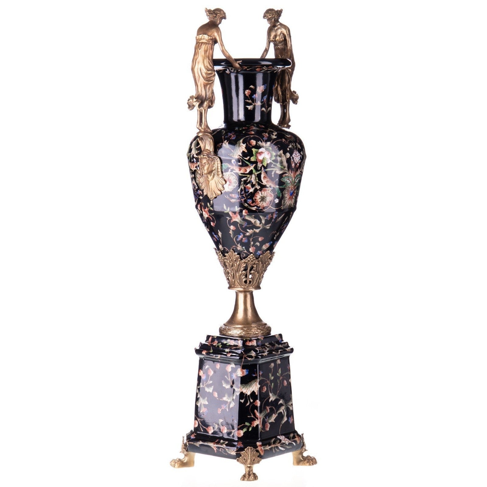 This grand decorative urn features a finely painted floral porcelain