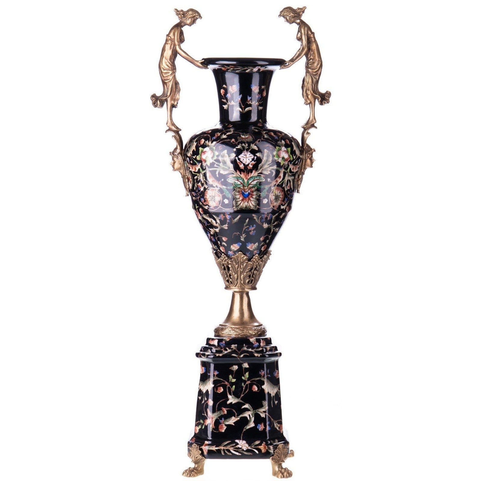 This grand decorative urn features a finely painted floral porcelain